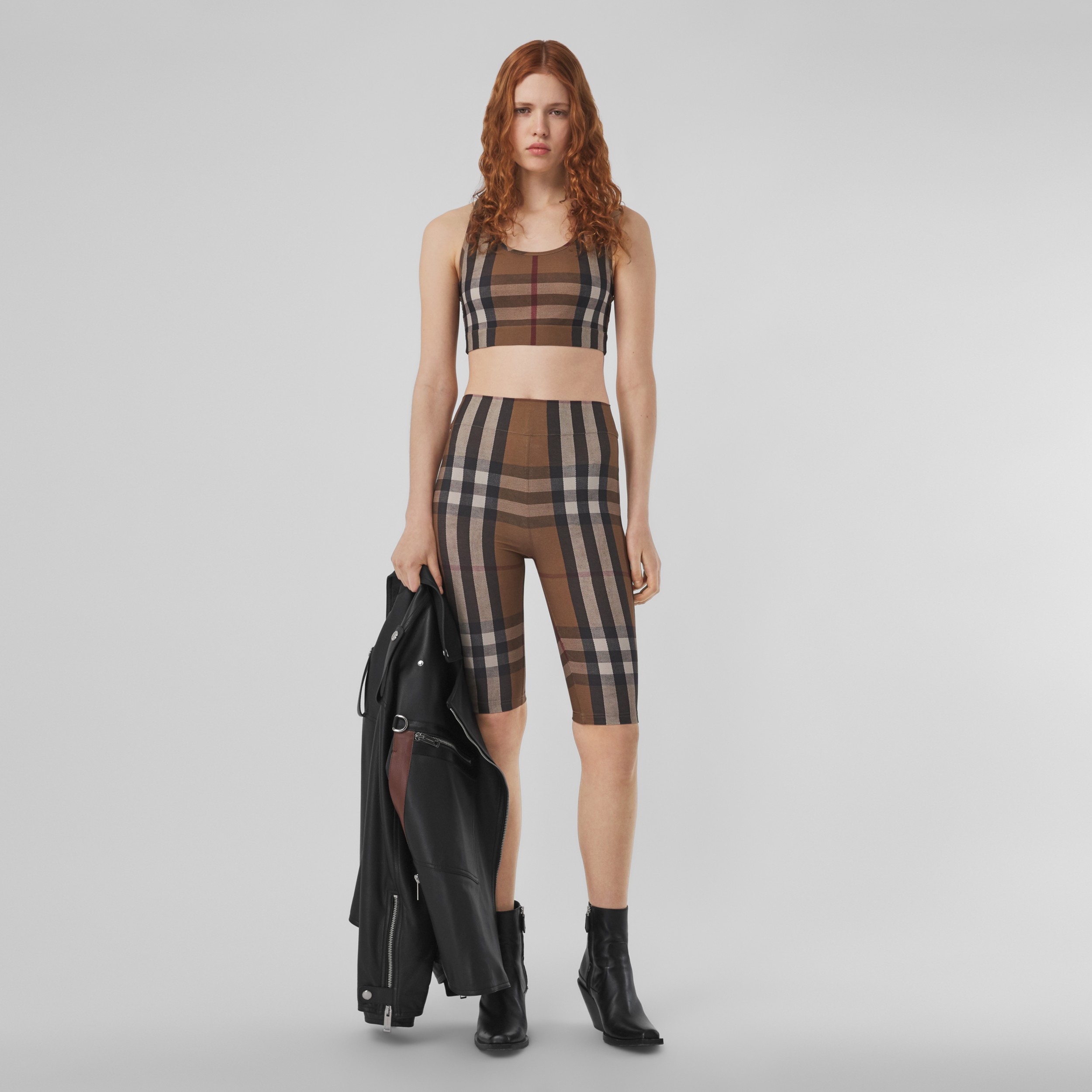 Check Print Stretch Jersey Cropped Top In Birch Brown Women Burberry® Official 