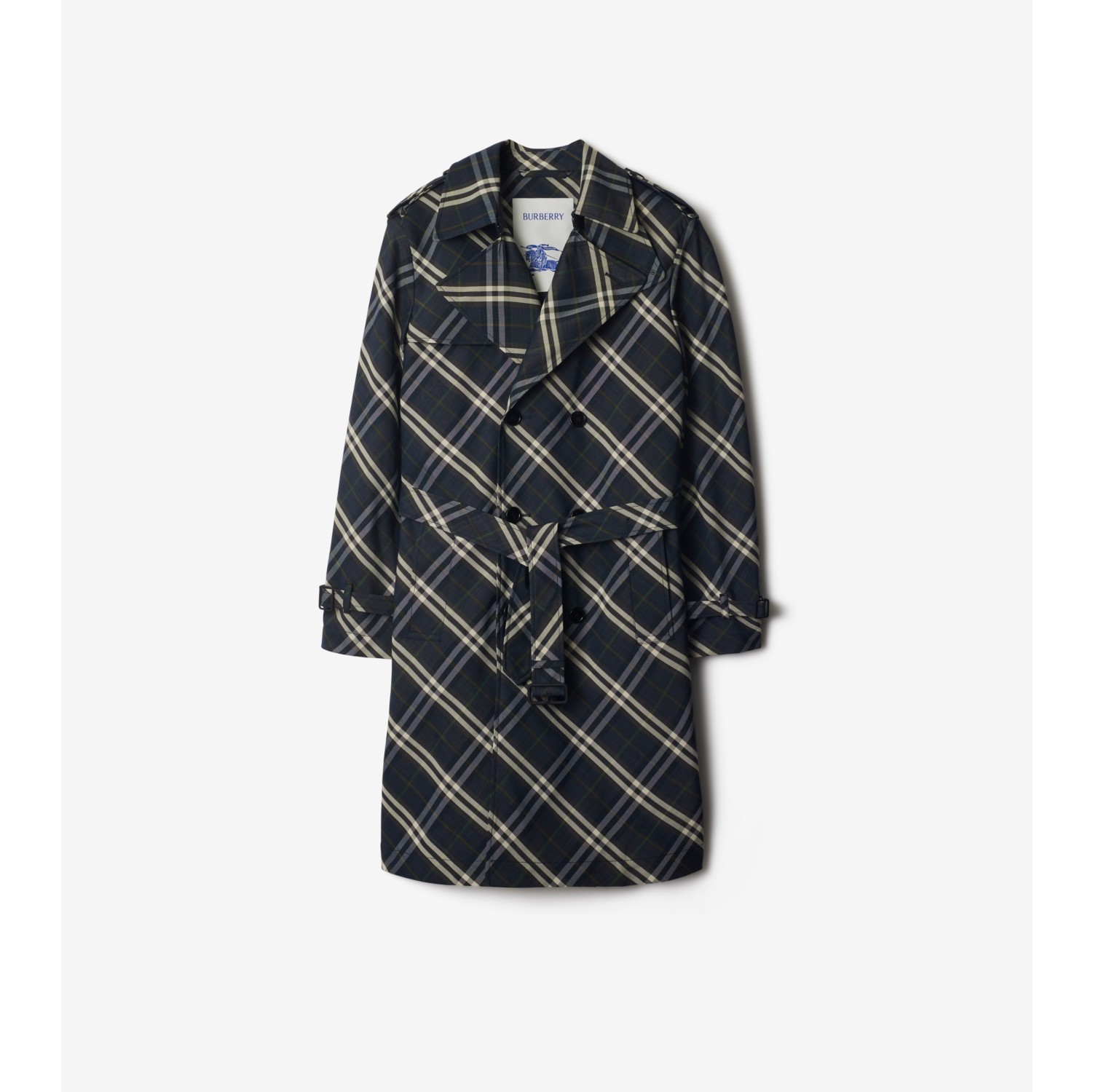 Long Check Trench Coat in Indigo Men Nylon Burberry Official