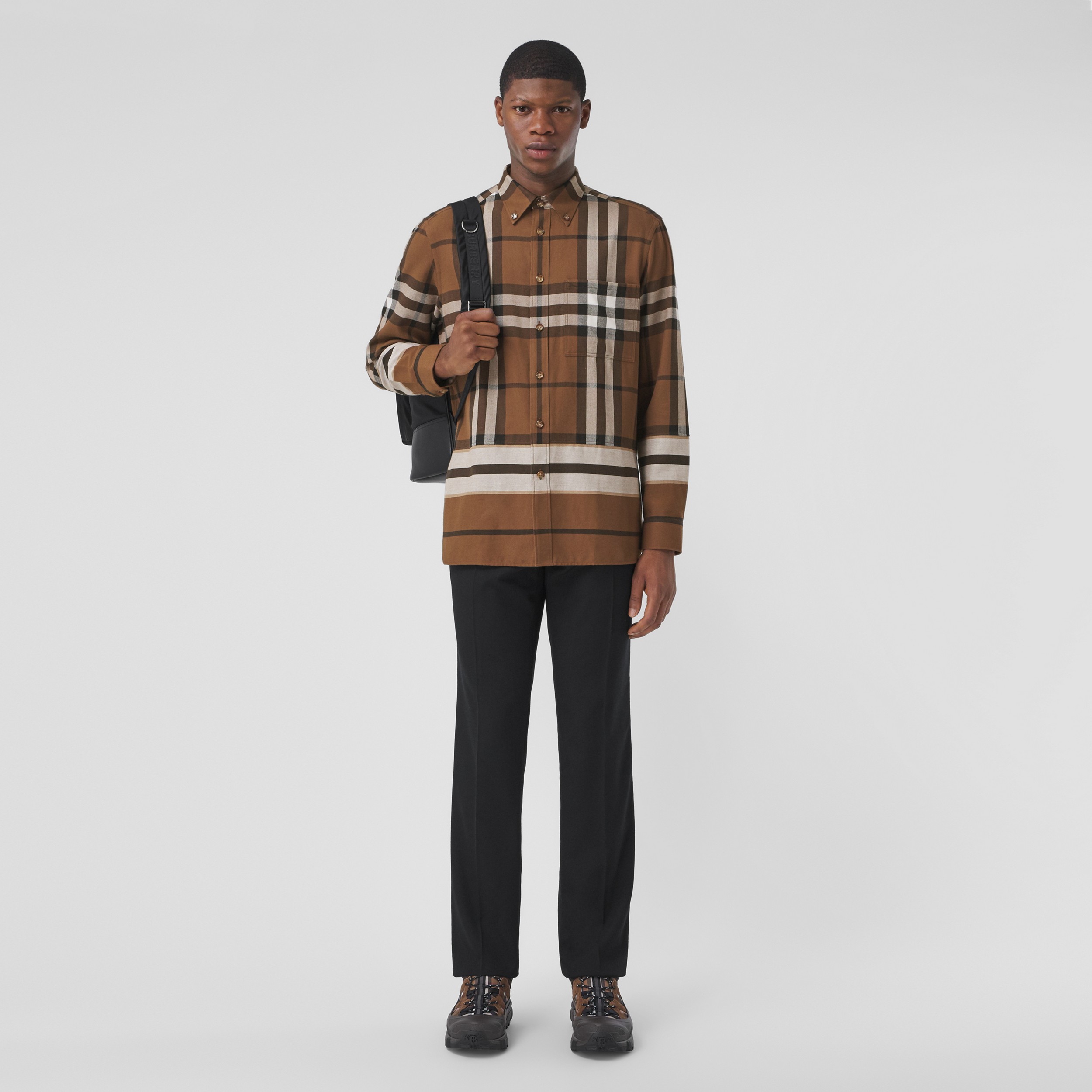 Check and Stripe Cotton Flannel Shirt in Warm Walnut - Men | Burberry® Official - 1