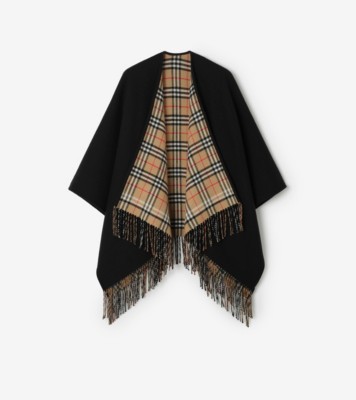 Reversible Check Wool Cape in Black/sand beige | Burberry® Official
