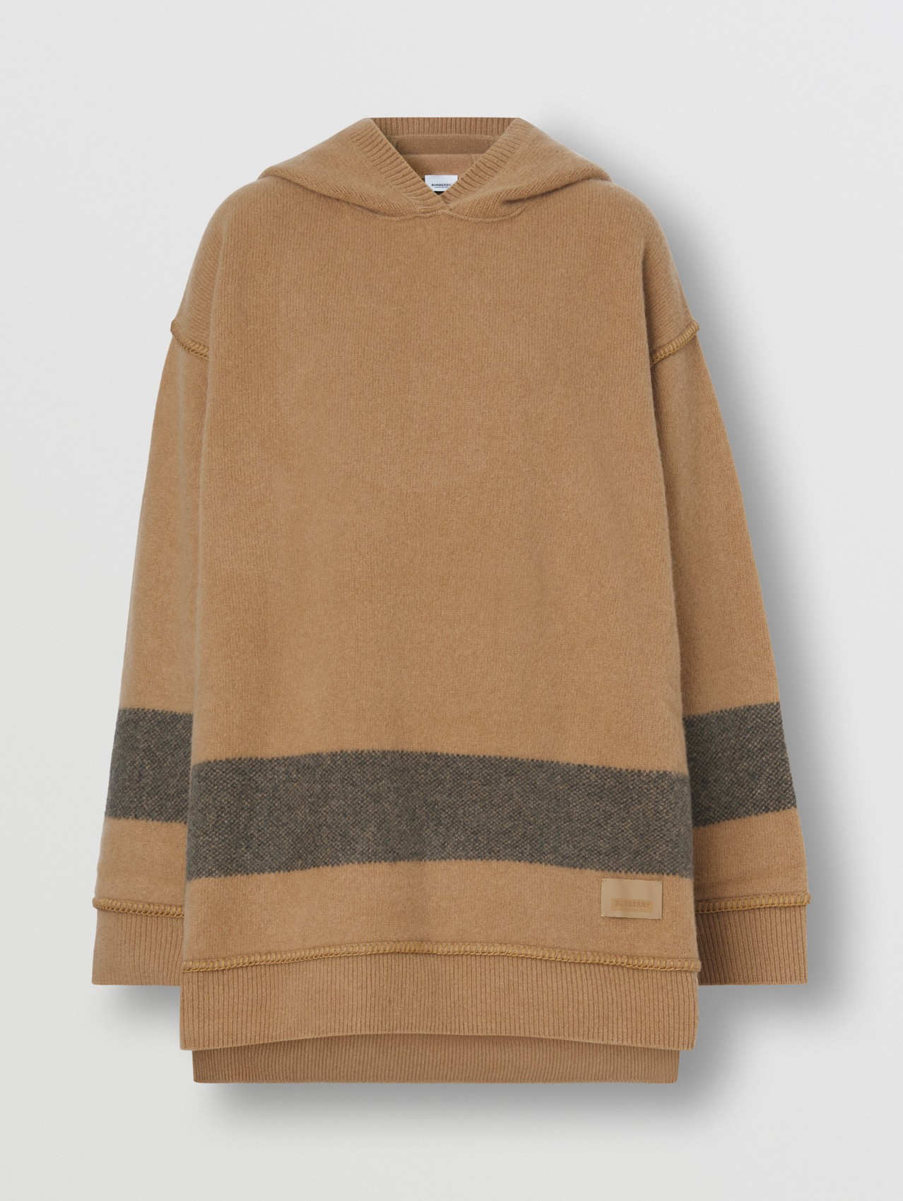 Suéter com capuz oversize de lã e cashmere com listras contrastantes in Camel