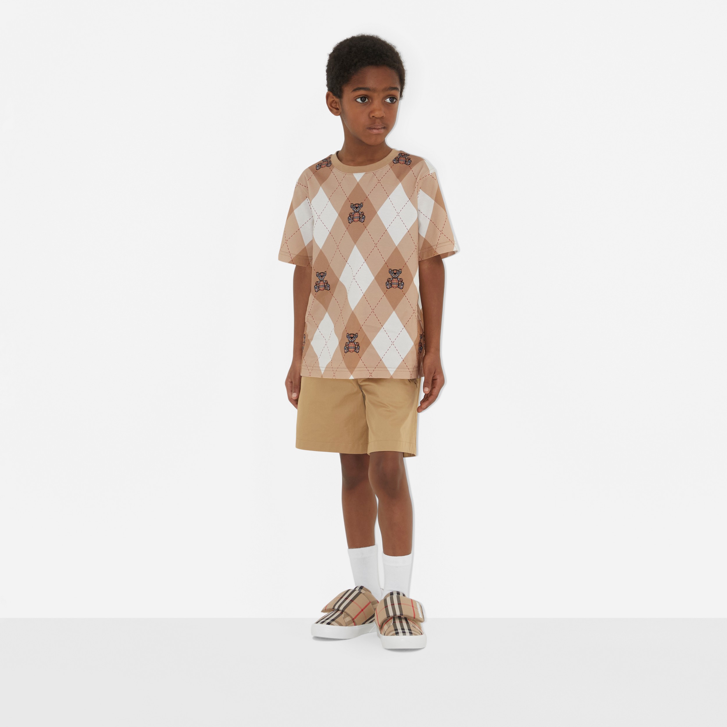 Thomas Bear Argyle Print Cotton T-shirt in Soft Fawn | Burberry® Official - 4