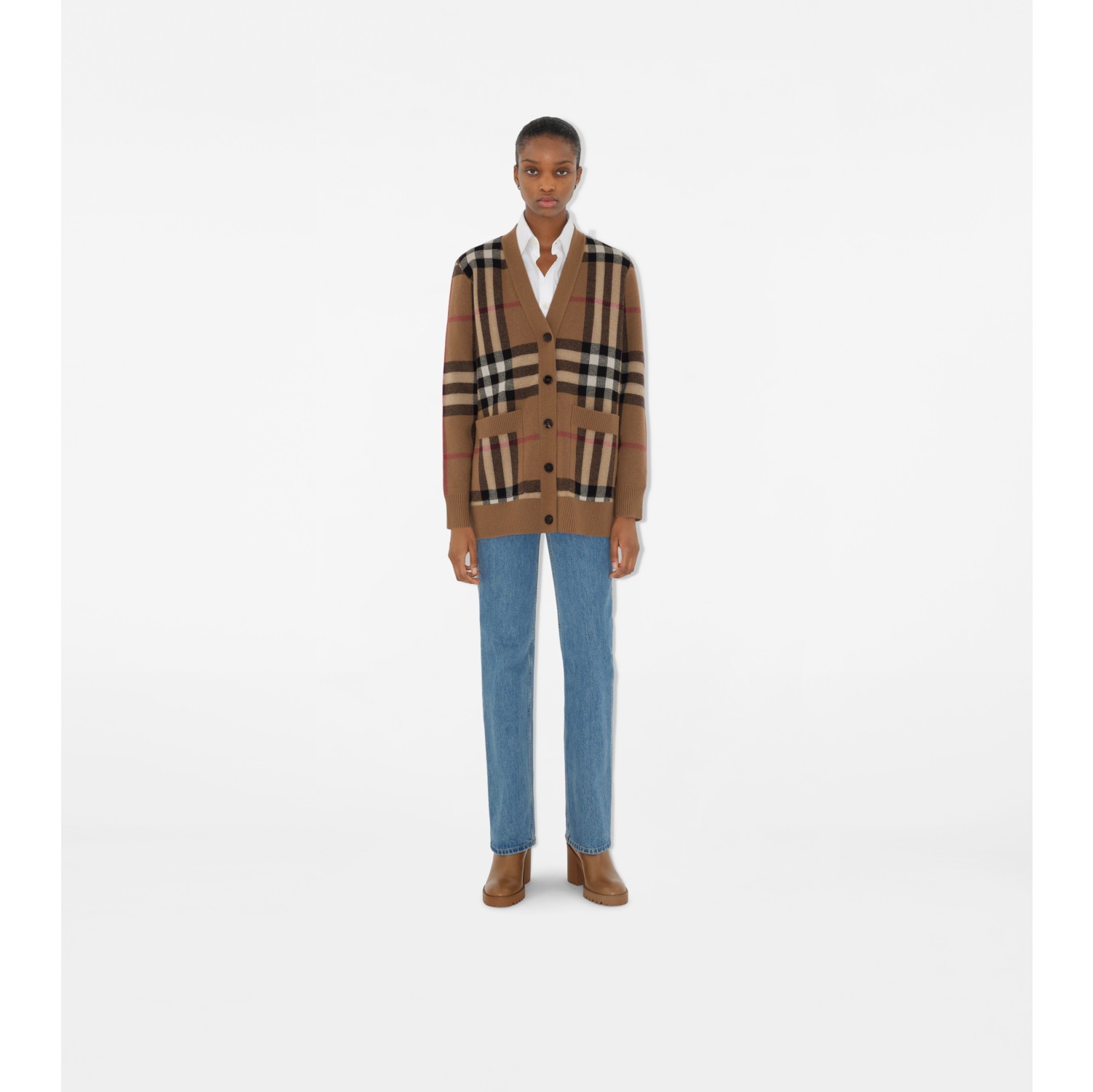 Check Wool Cashmere Cardigan in Birch brown Women Burberry Official