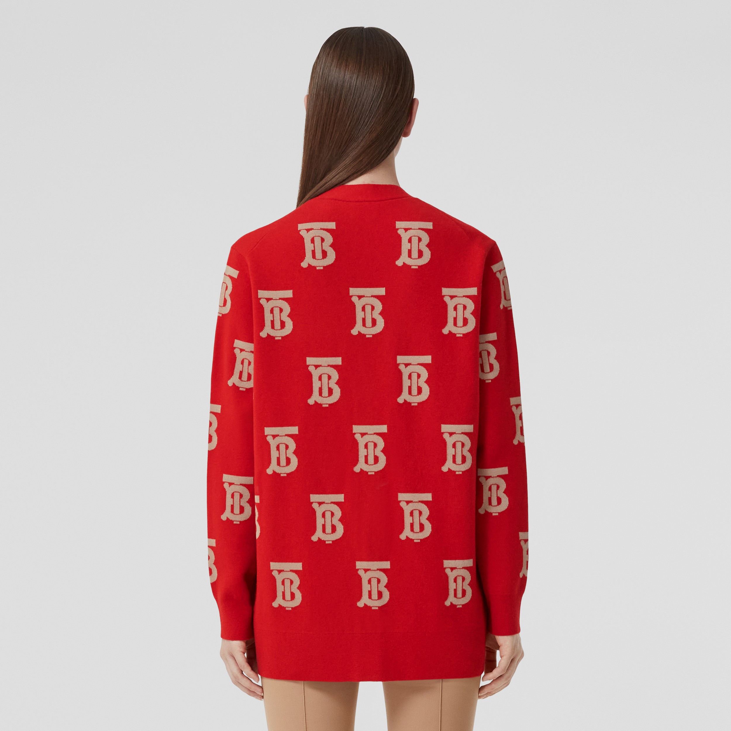 Monogram Wool Silk Blend Oversized Cardigan in Bright Red - Women | Burberry® Official - 3