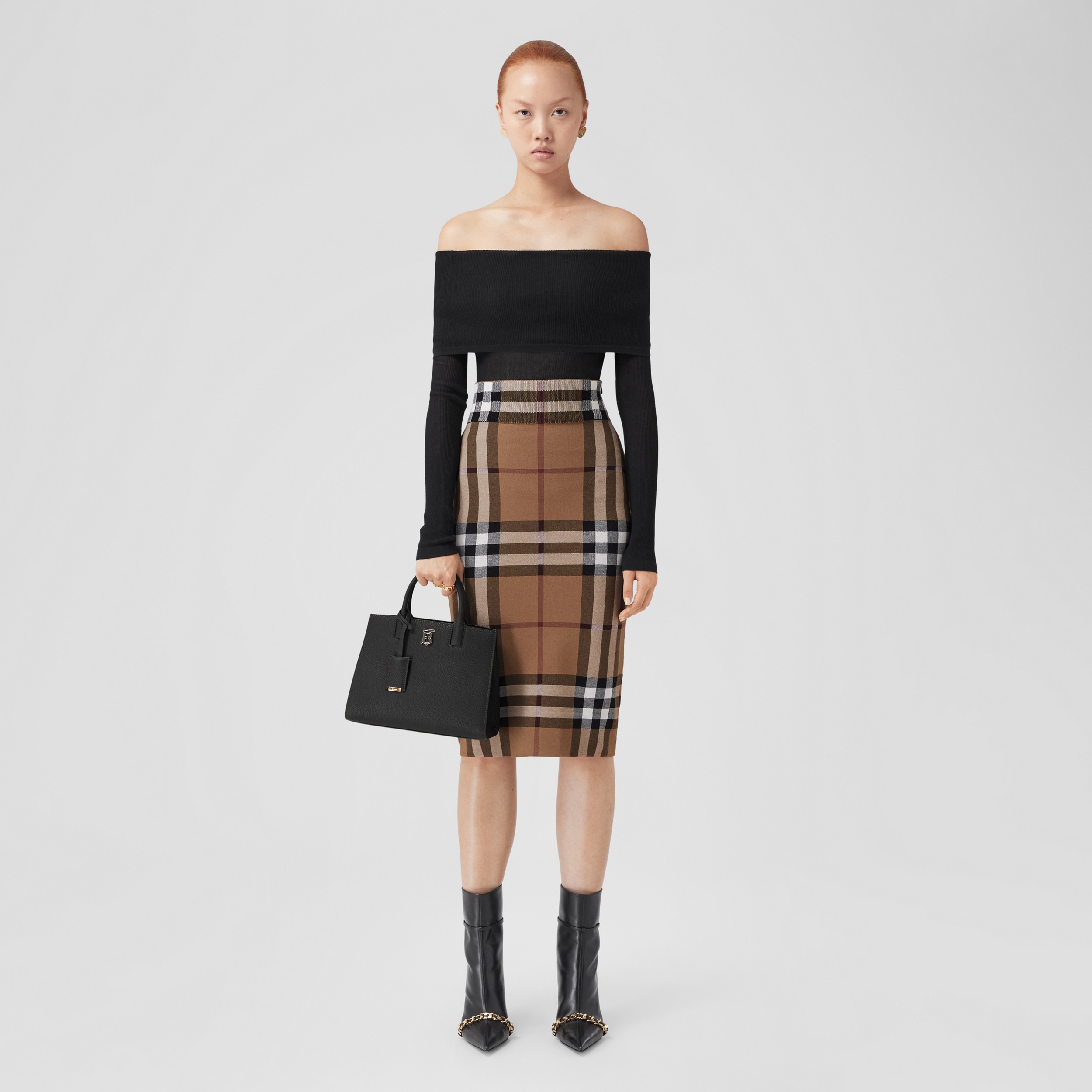Check Cotton Silk Blend Jacquard Skirt in Birch Brown | Burberry® Official - 4