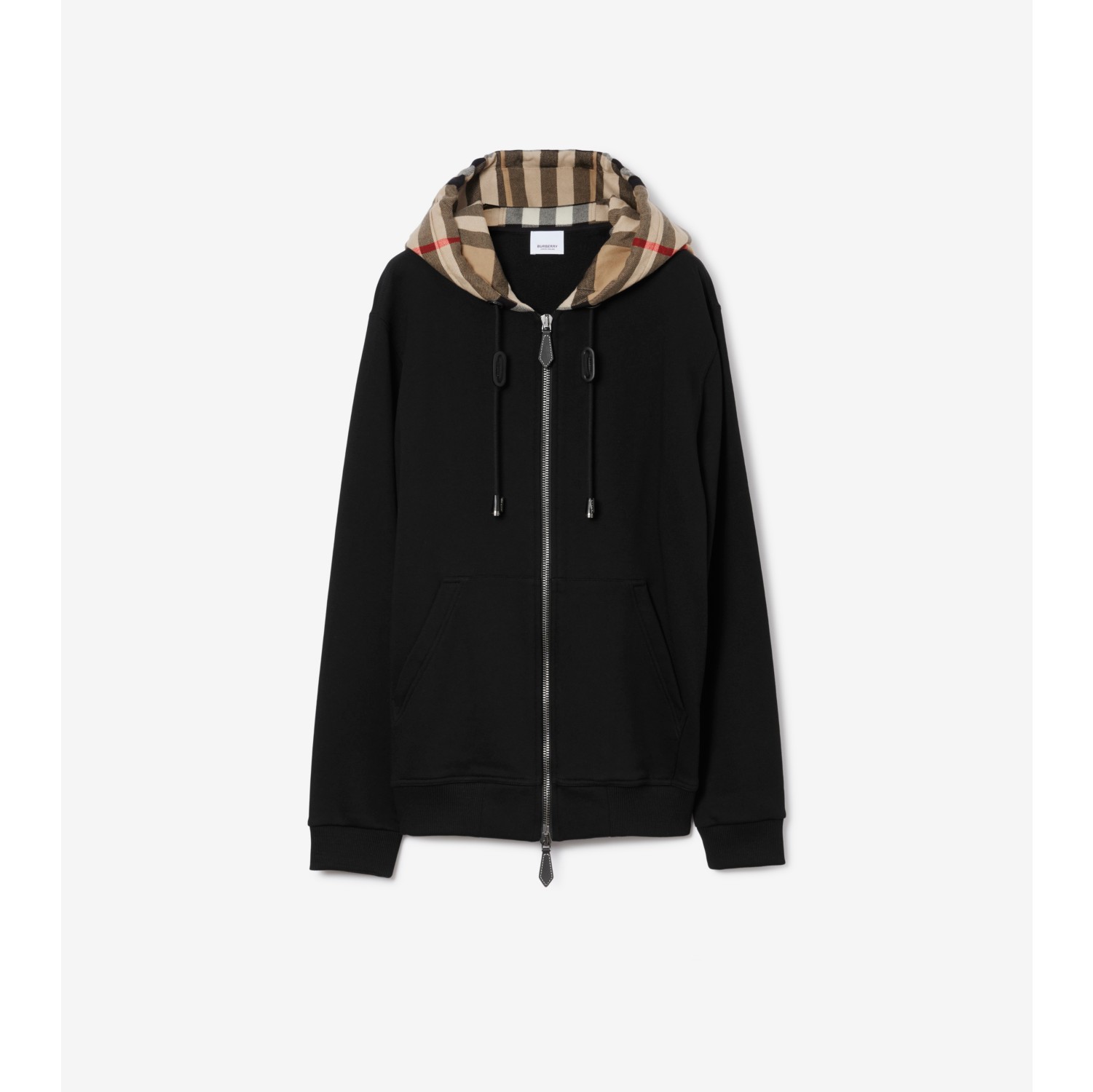 Check Hood Cotton Zip Hoodie in Black/archive beige - Men | Burberry®  Official