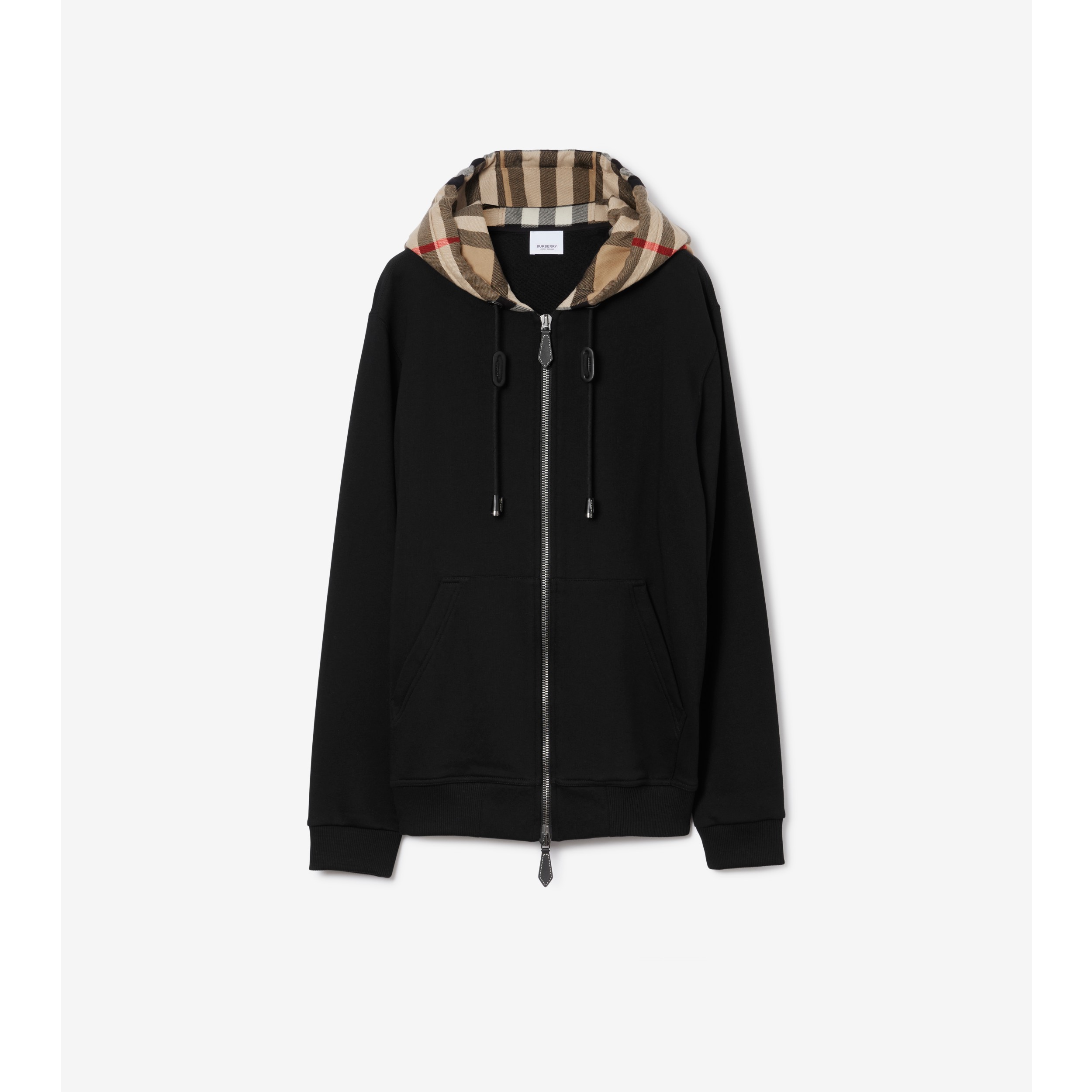 Check Hood Cotton Blend Zip Hoodie in Black birch brown Men Burberry Official