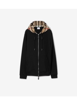 Check Hood Cotton Blend Zip Hoodie in Black/birch Brown - Men | Burberry®  Official