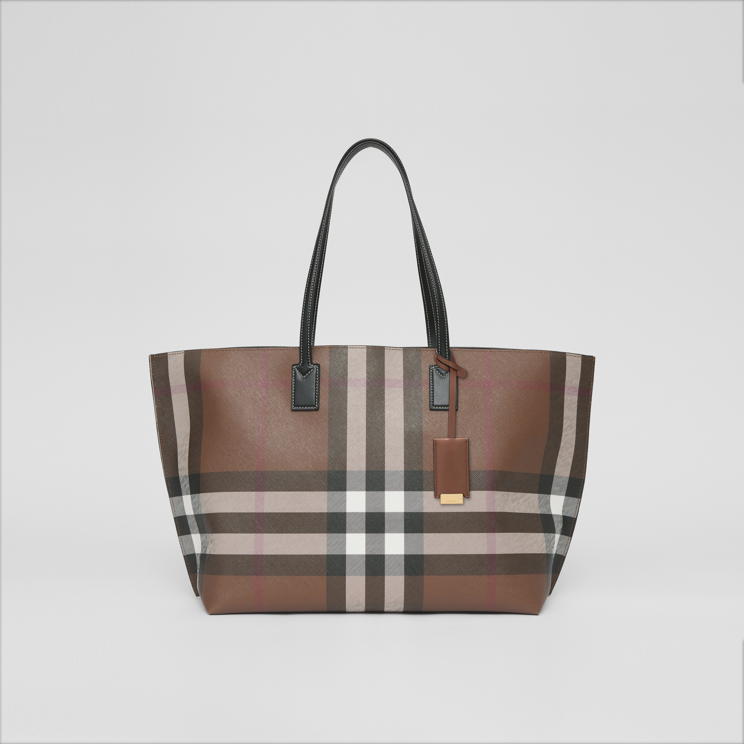 Medium Check and Leather Tote in Dark Birch Brown - Women | Burberry® Official - 1