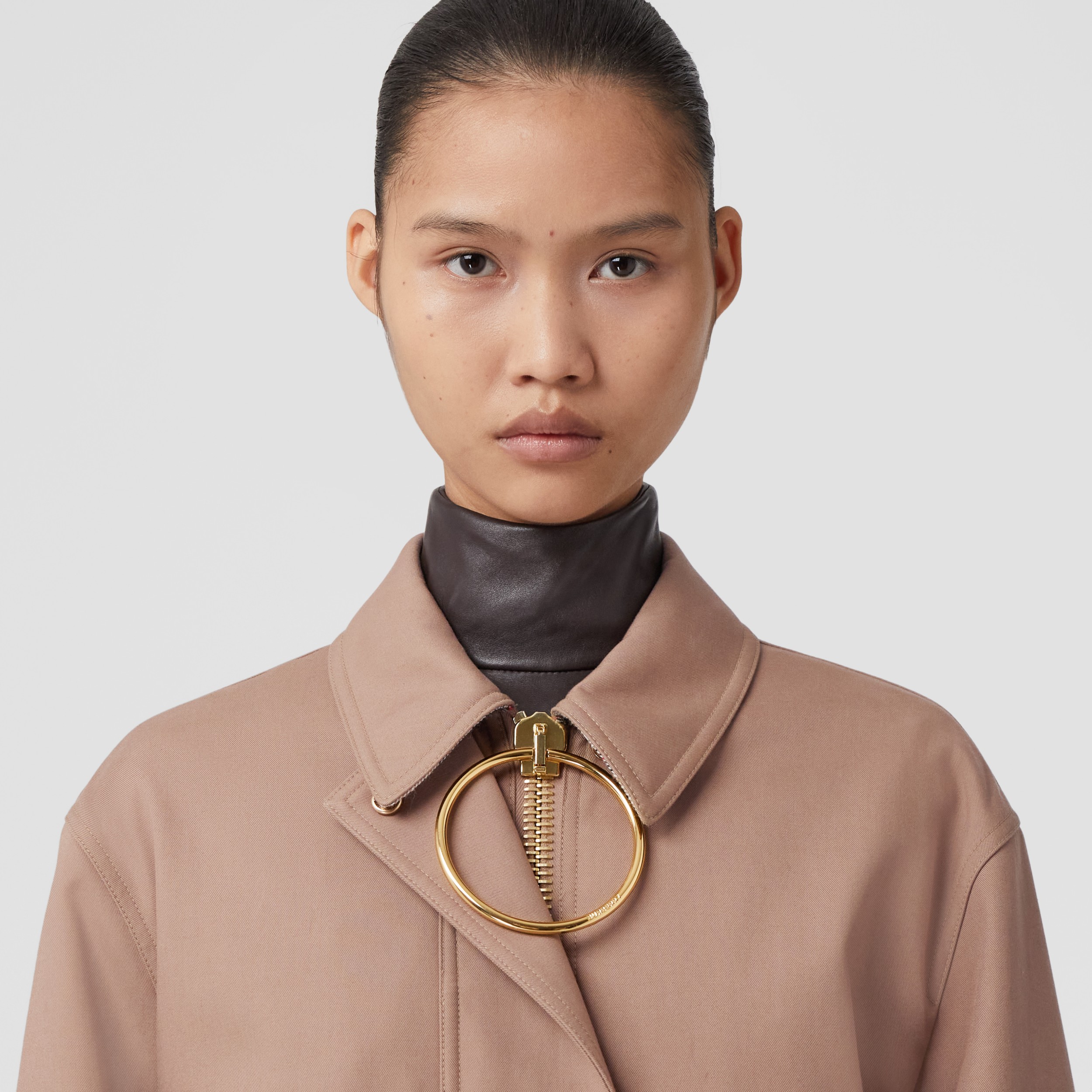Zip Pull Detail Cotton Gabardine Harrington Jacket in Warm Fawn Women