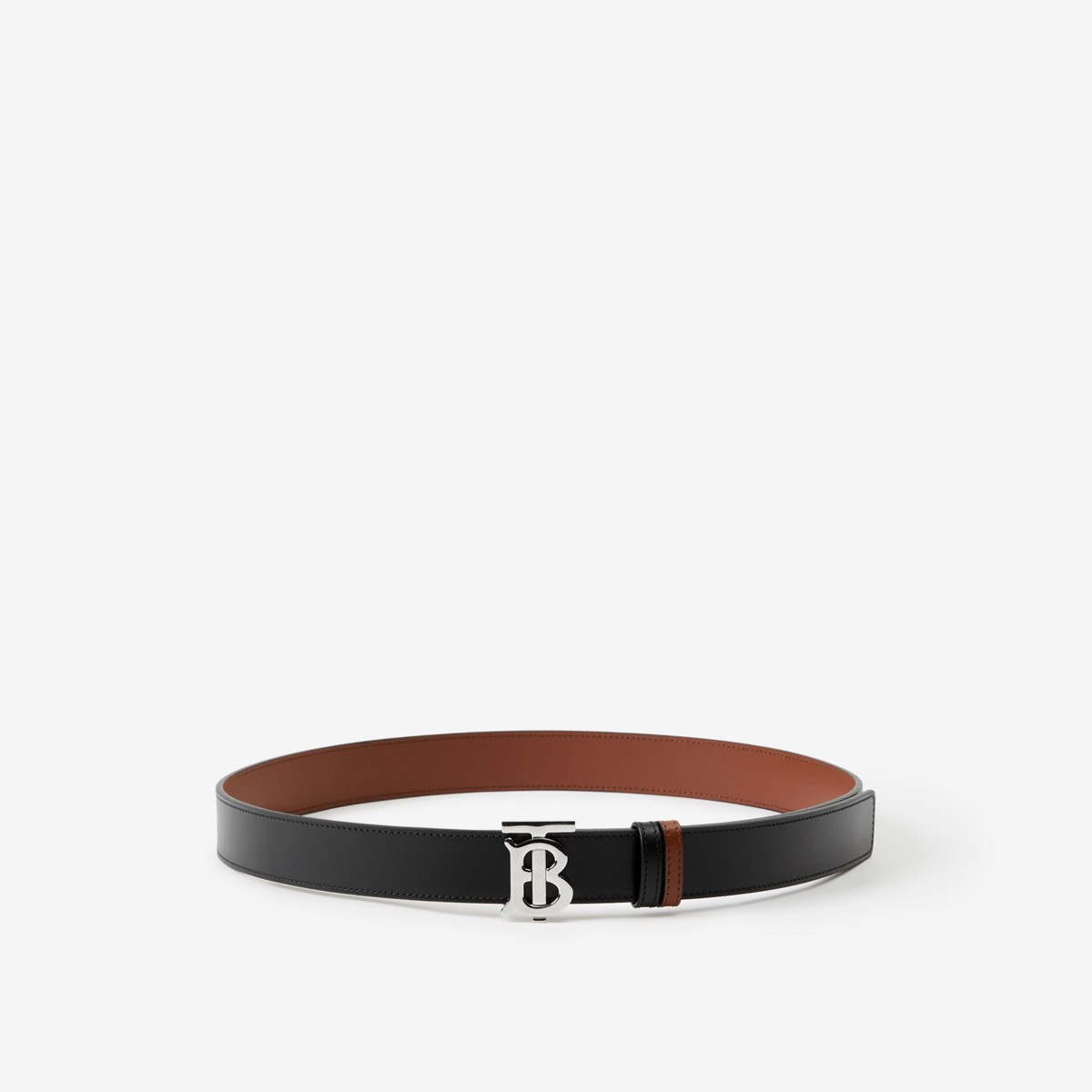 Shop Burberry Leather Reversible Tb Belt In Black/tan/silver