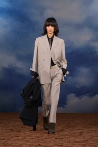 Burberry SS26 Show model Yoko wearing a Wool mohair double-breasted tailored jacket and Wool mohair tailored trousers