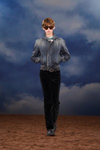 Burberry SS26 Show model Joseph Keeler wearing a Coated denim Harrington jacket and Burberry Check leather Tone boots