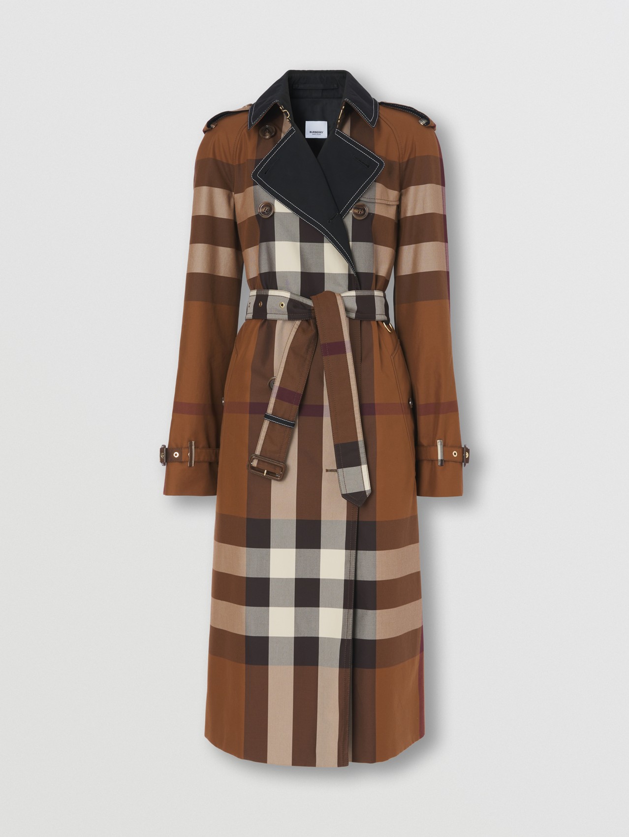 Trench coat de algodão xadrez com recorte contrastante in Marrom Bétula Escuro