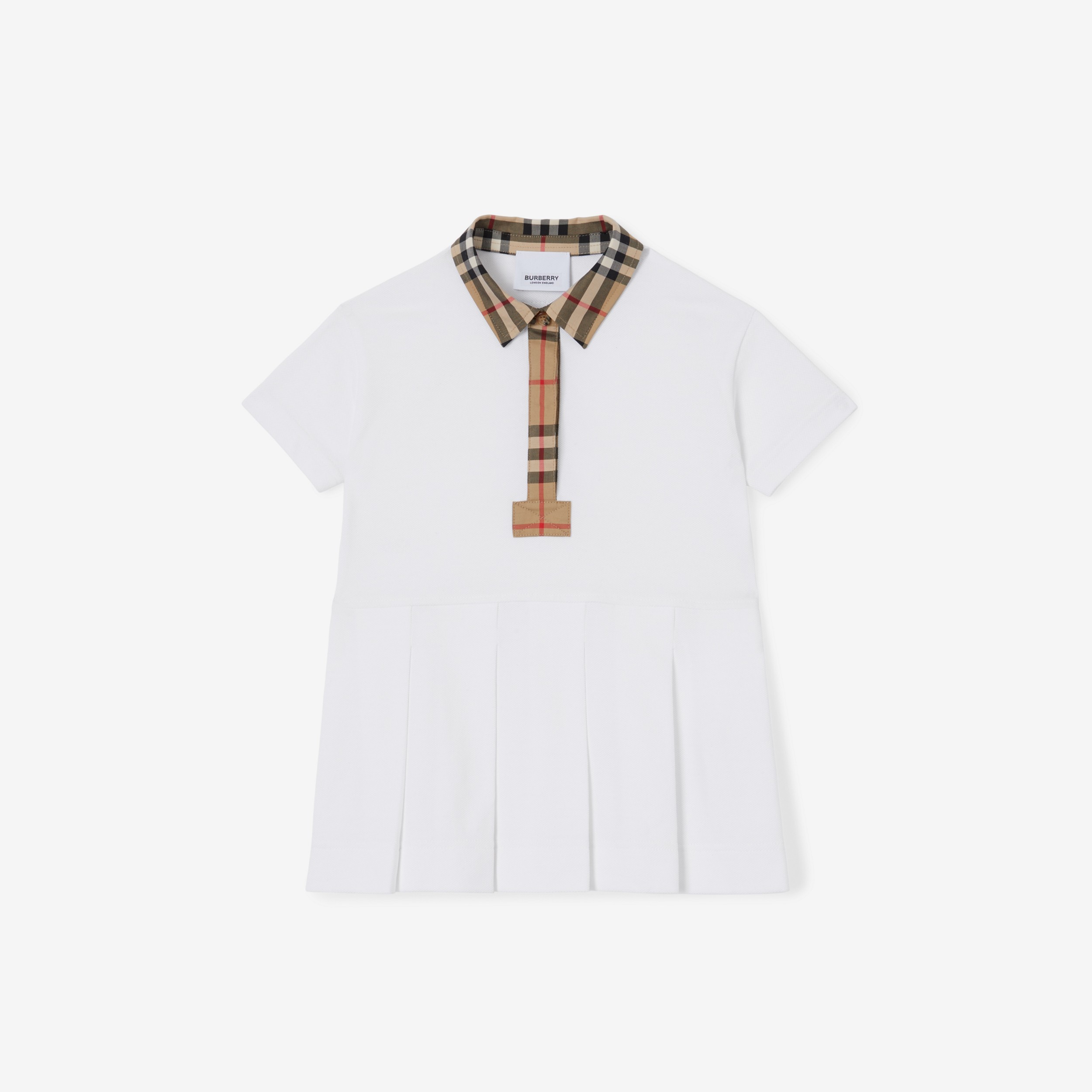 Vestido estilo camisa polo de algodão piquê com detalhe em Vintage Check (Branco) - Crianças | Burberry® oficial - 1