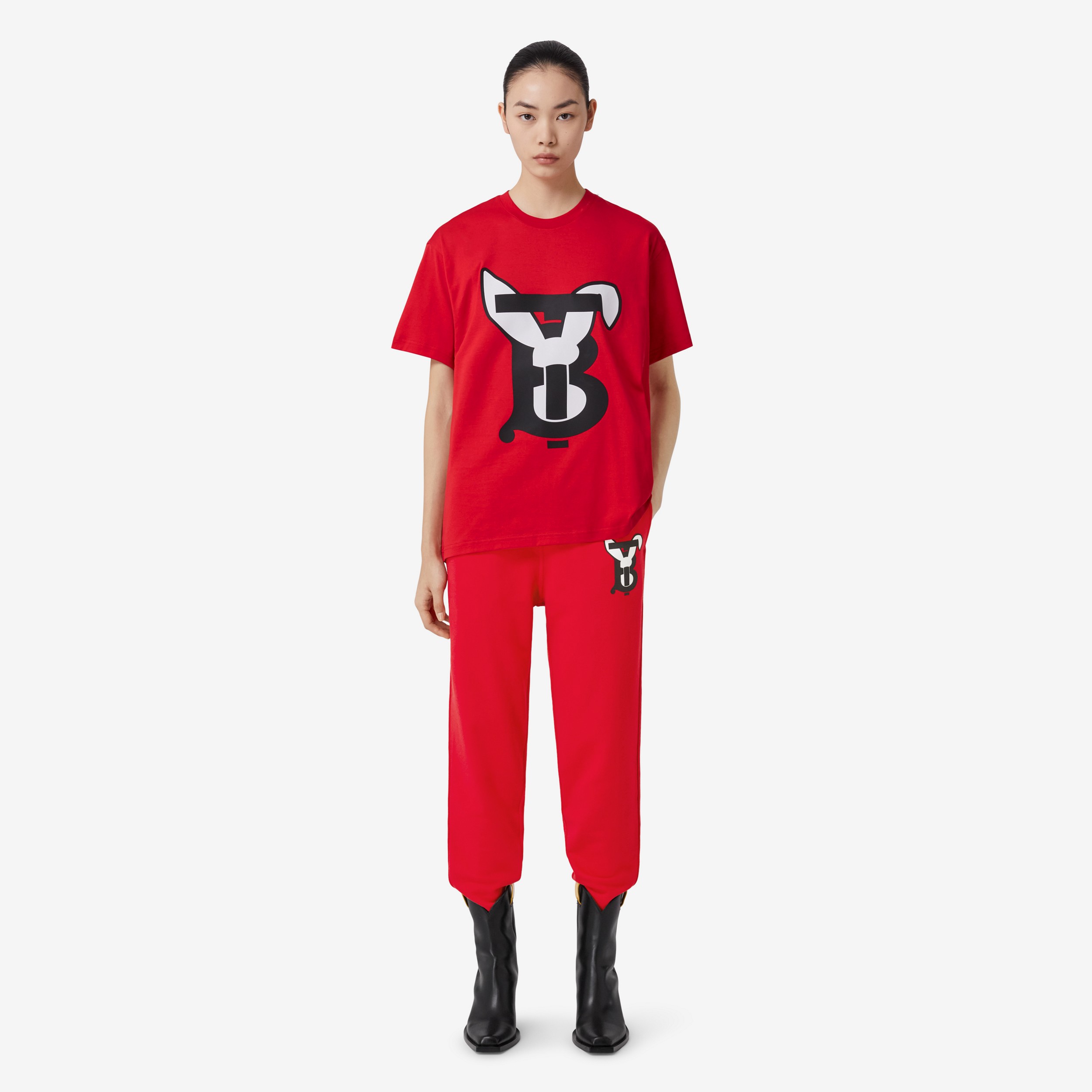 Rabbit Print Cotton Oversized T-shirt in Bright Red - Women | Burberry® Official - 4