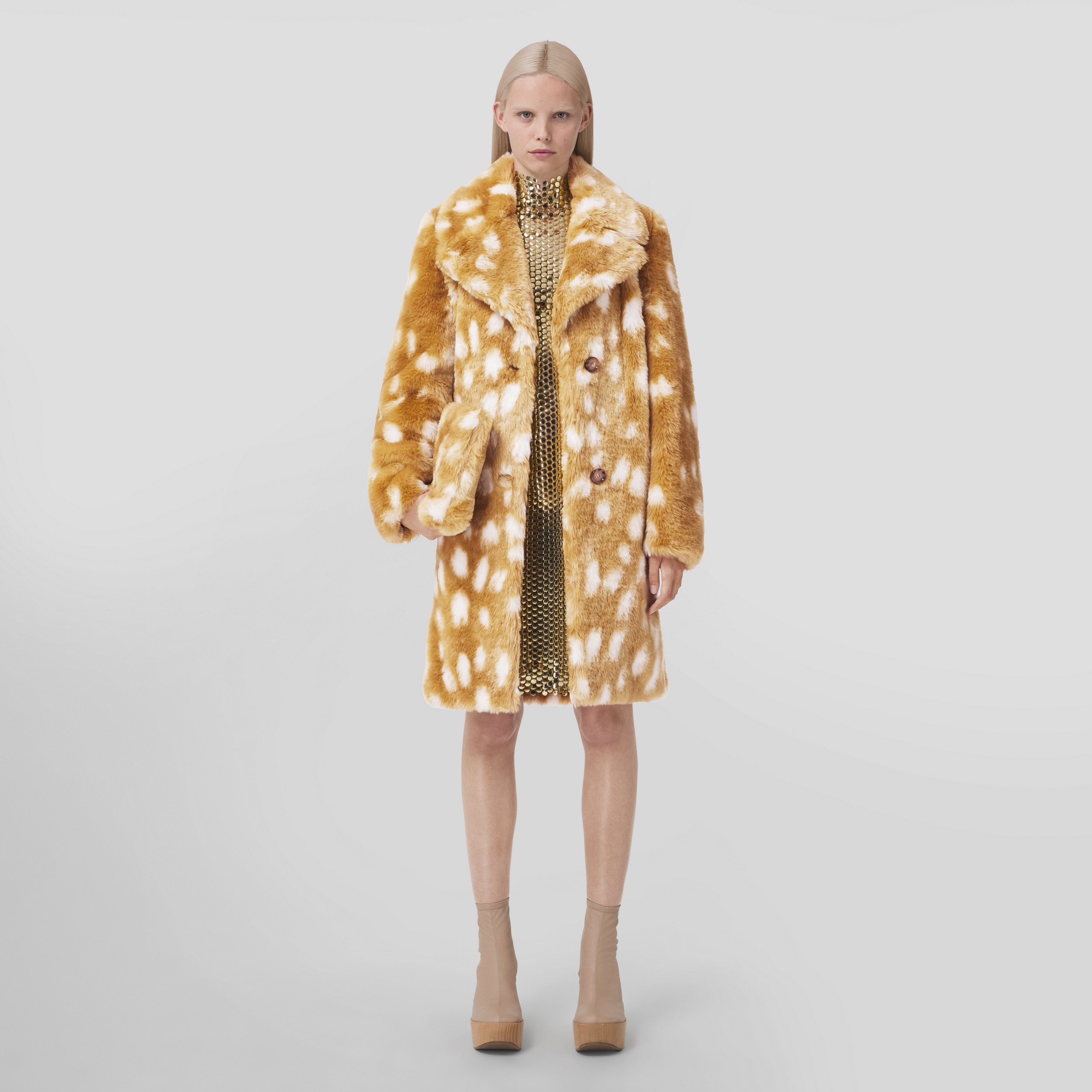 Deer Print Faux Fur Pea Coat in Honey Beige - Women | Burberry® Official - 1