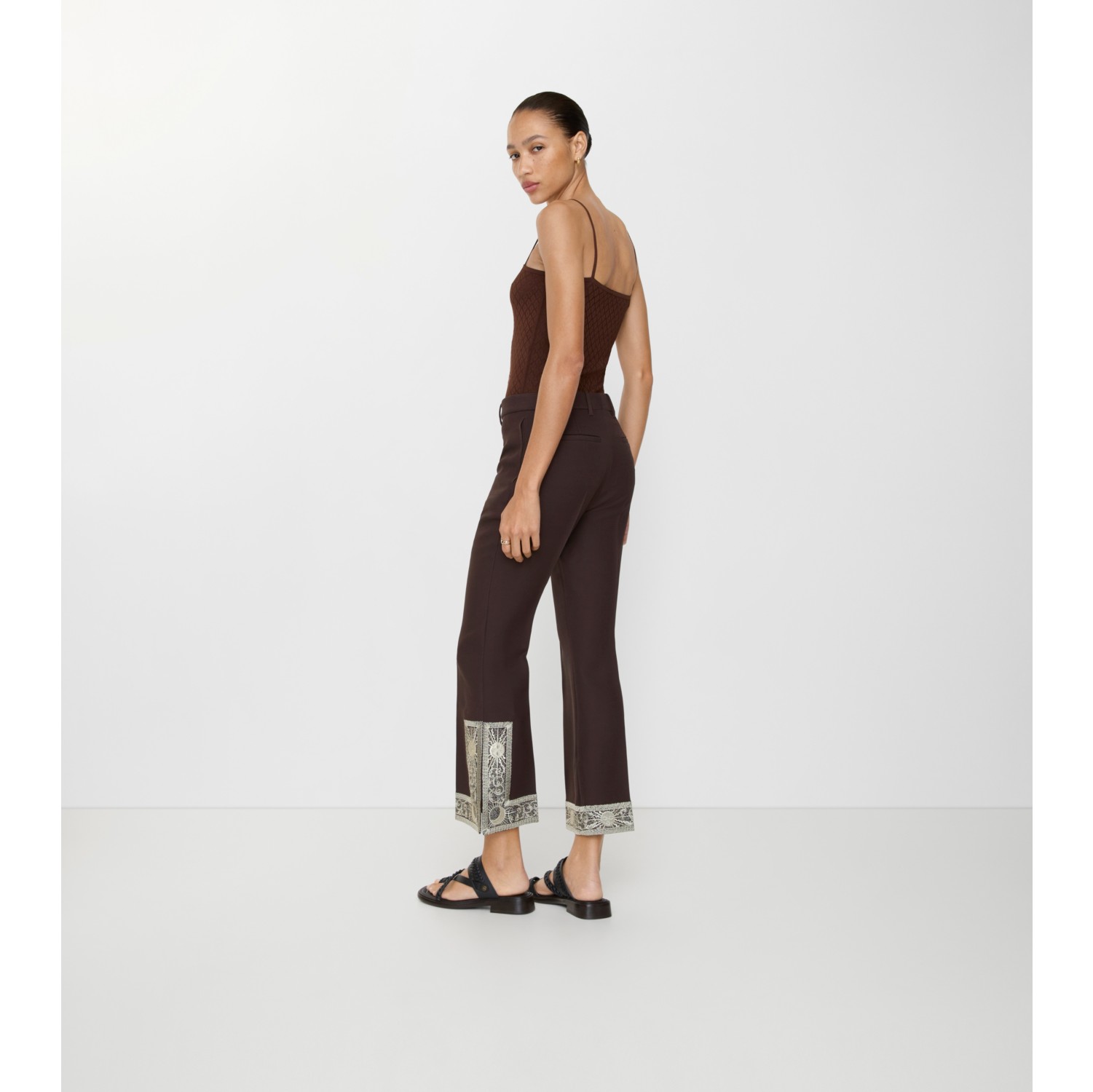 Cropped Embroidered Wool Silk Flared Trousers in Charred brown - Women | Burberry® Official