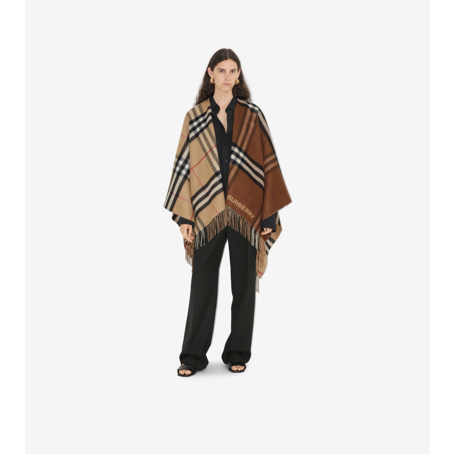 Contrast Check Wool Cashmere Cape