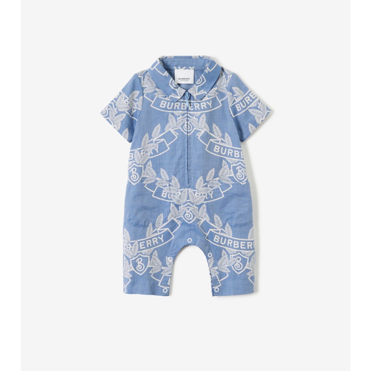 Oak Leaf Crest Cotton Playsuit in Pale Blue - Children | Burberry® Official