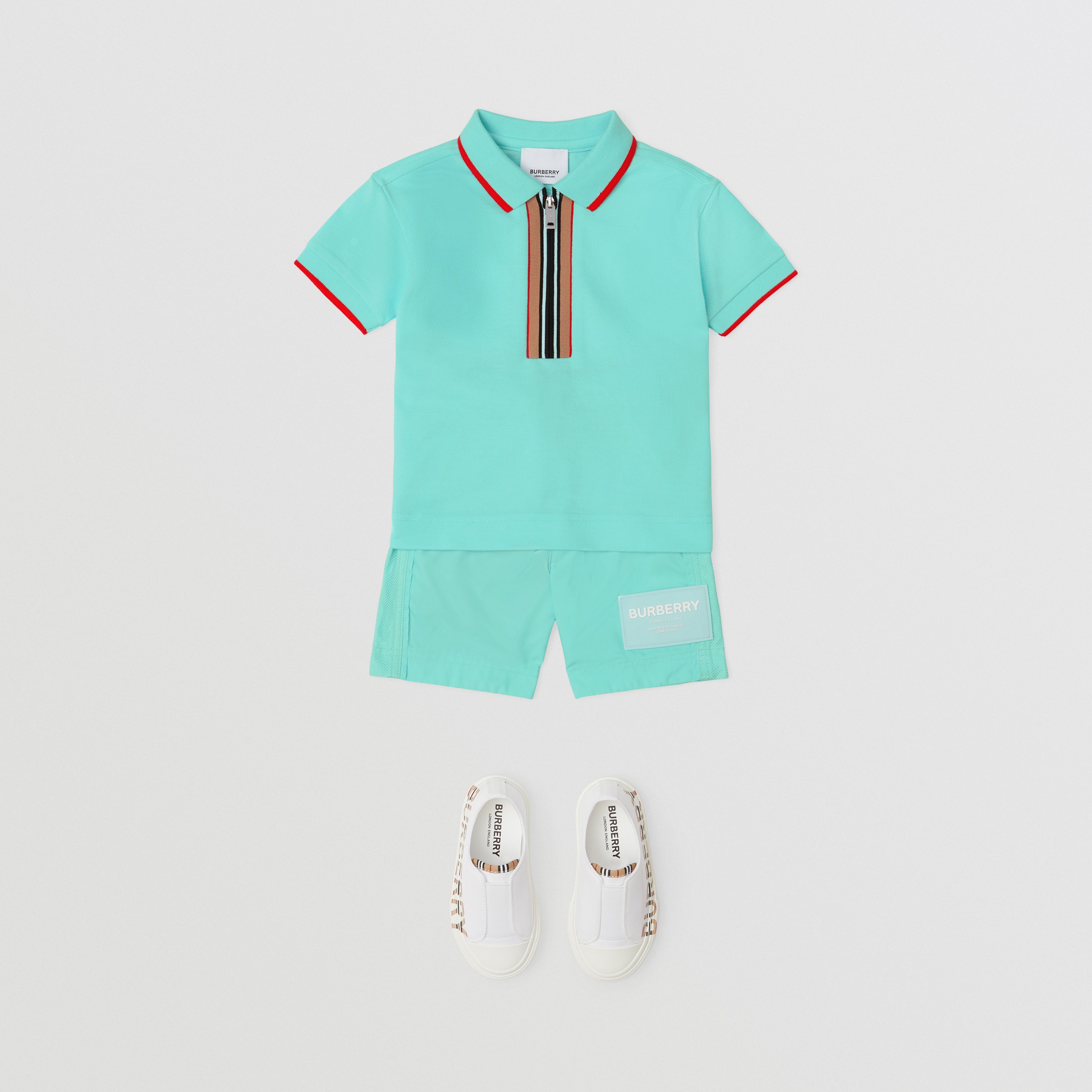 Icon Stripe Detail Cotton Zip-front Polo Shirt in Light Aqua Blue - Children | Burberry® Official - 3