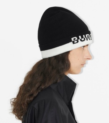 Logo Intarsia Cashmere Beanie In Black/white - Men | Burberry® Official