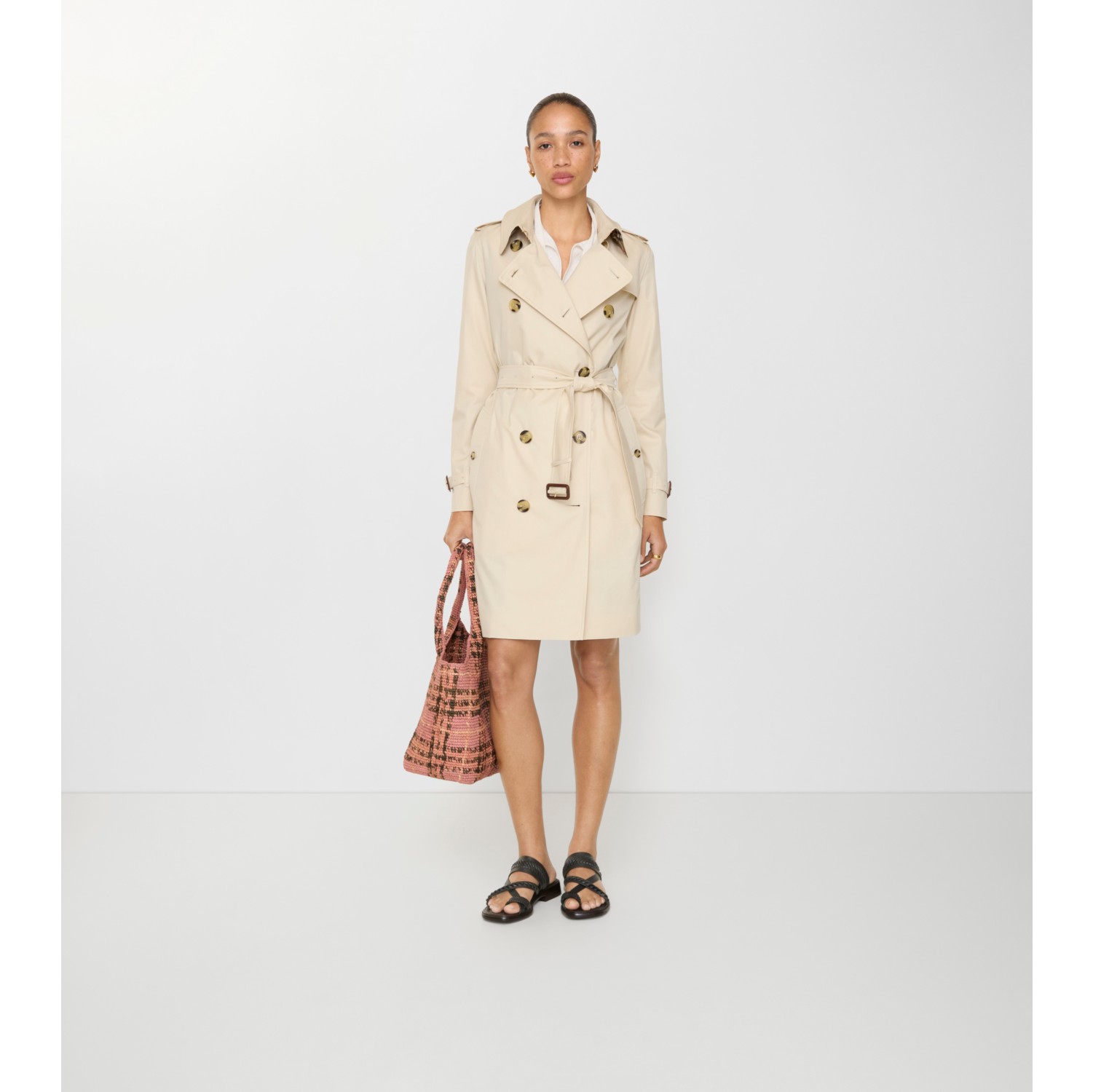 Mid-length Tropical Gabardine Kensington Trench Coat in Stone