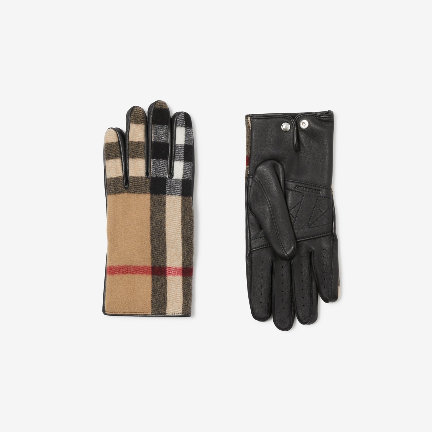 Exaggerated Check Wool and Leather Gloves