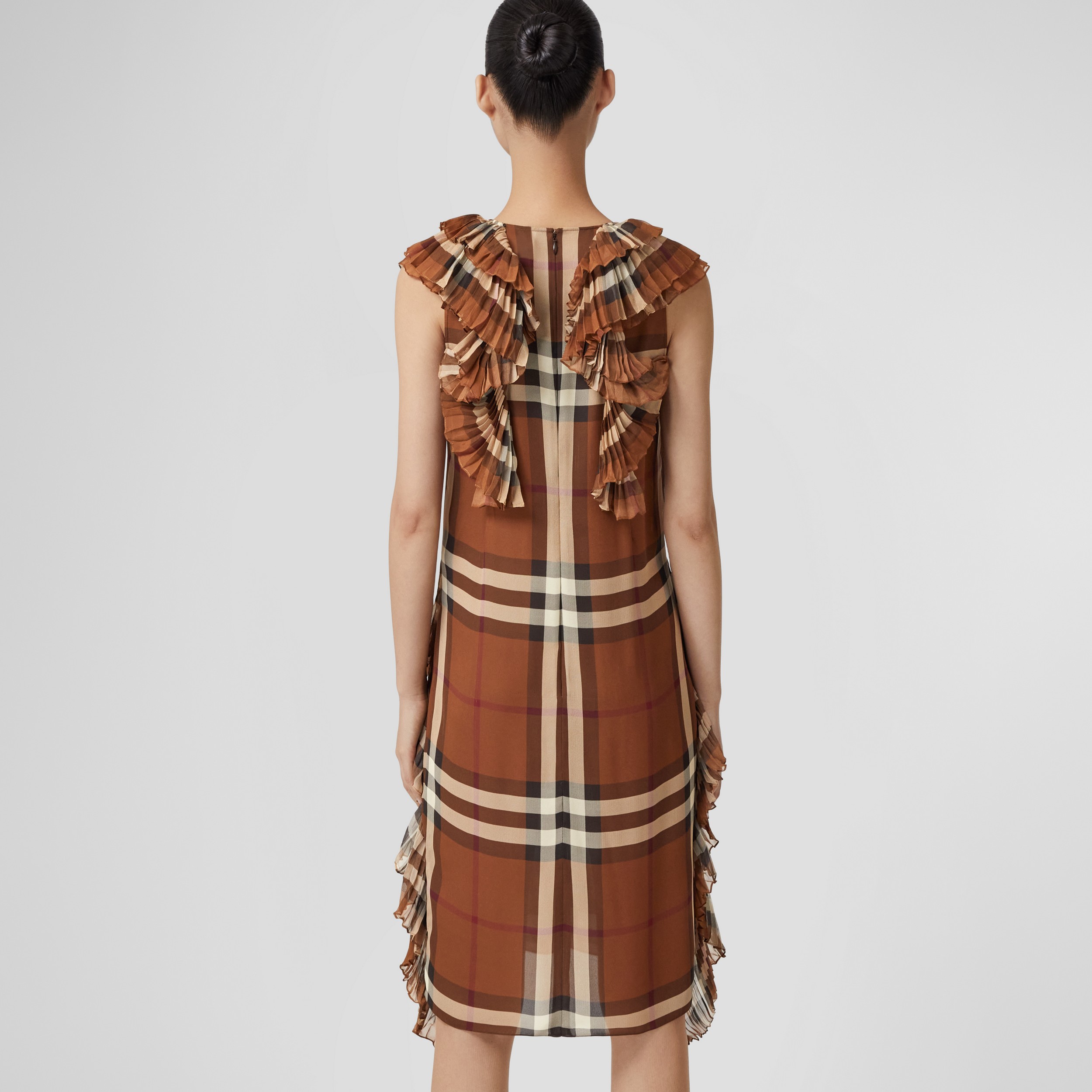 Pleated Ruffle Detail Check Silk Georgette Dress in Dark Birch Brown - Women | Burberry® Official - 3