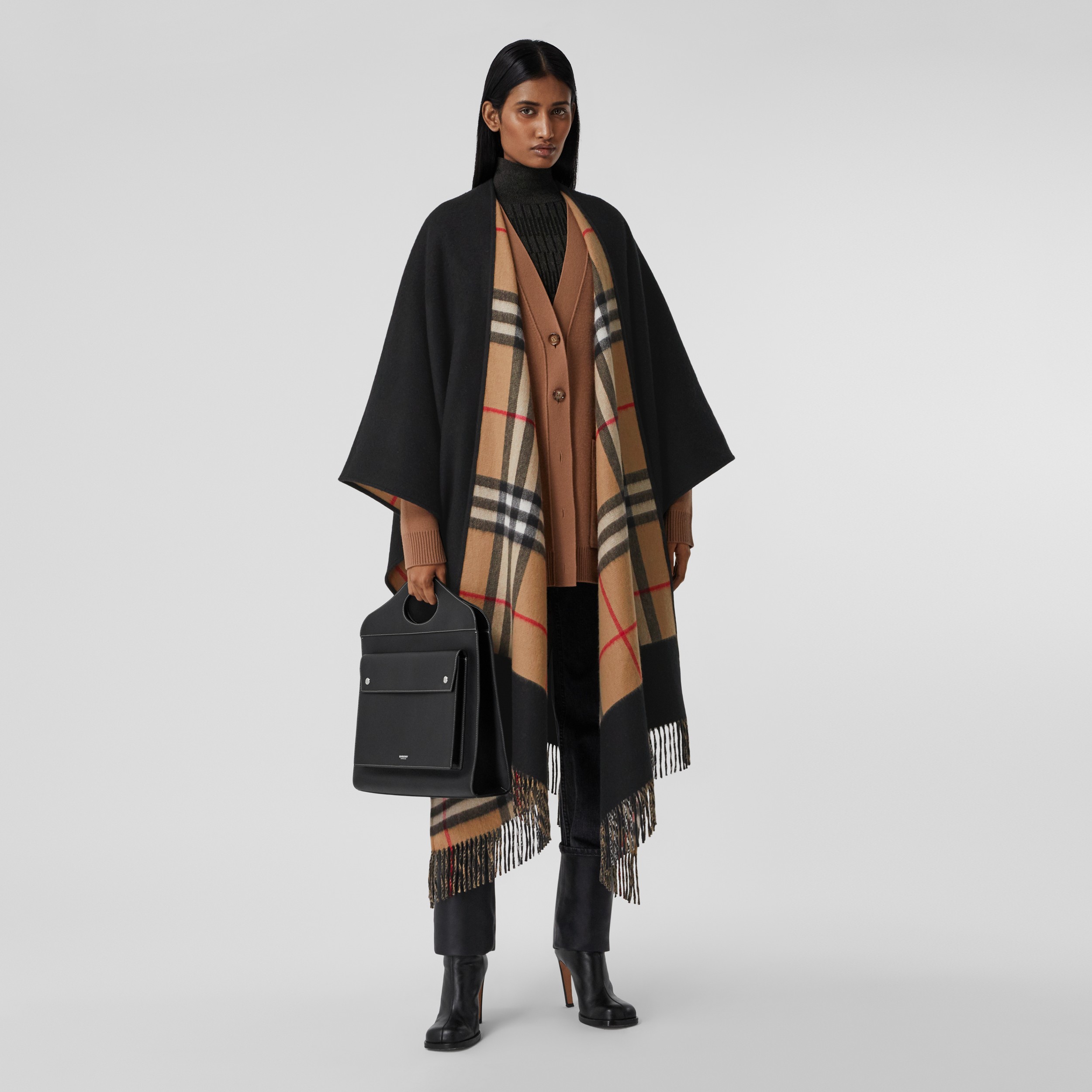 Reversible Check Wool Cashmere Cape in Black - Women | Burberry® Official - 1
