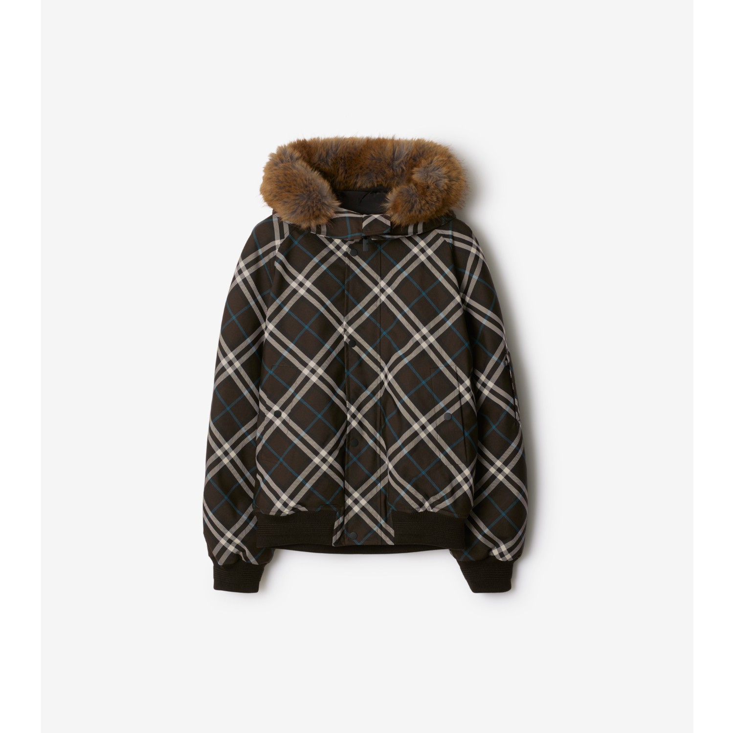 Faux Fur Trim Check Bomber Jacket