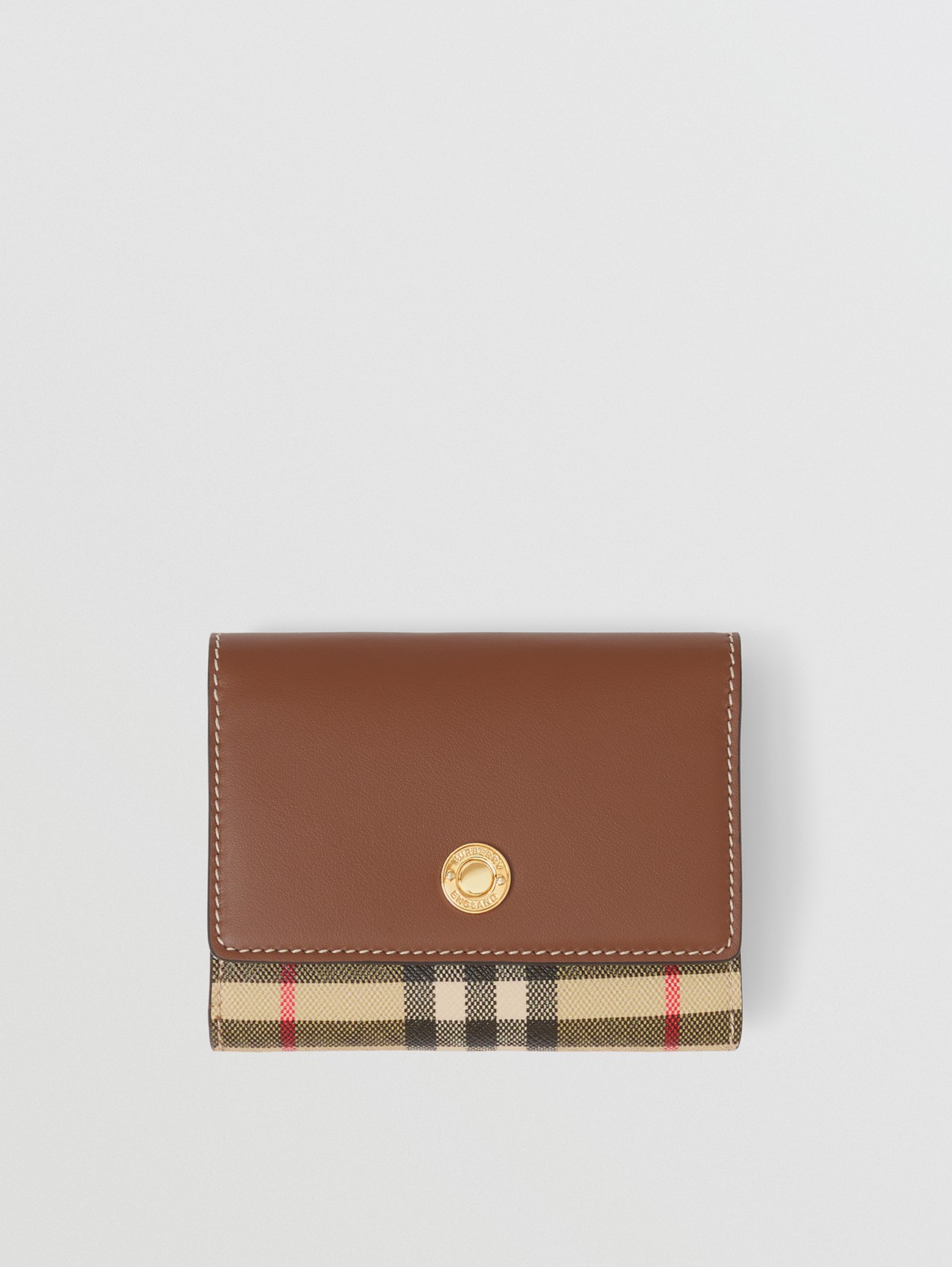 Small Check E-canvas and Leather Folding Wallet in Tan
