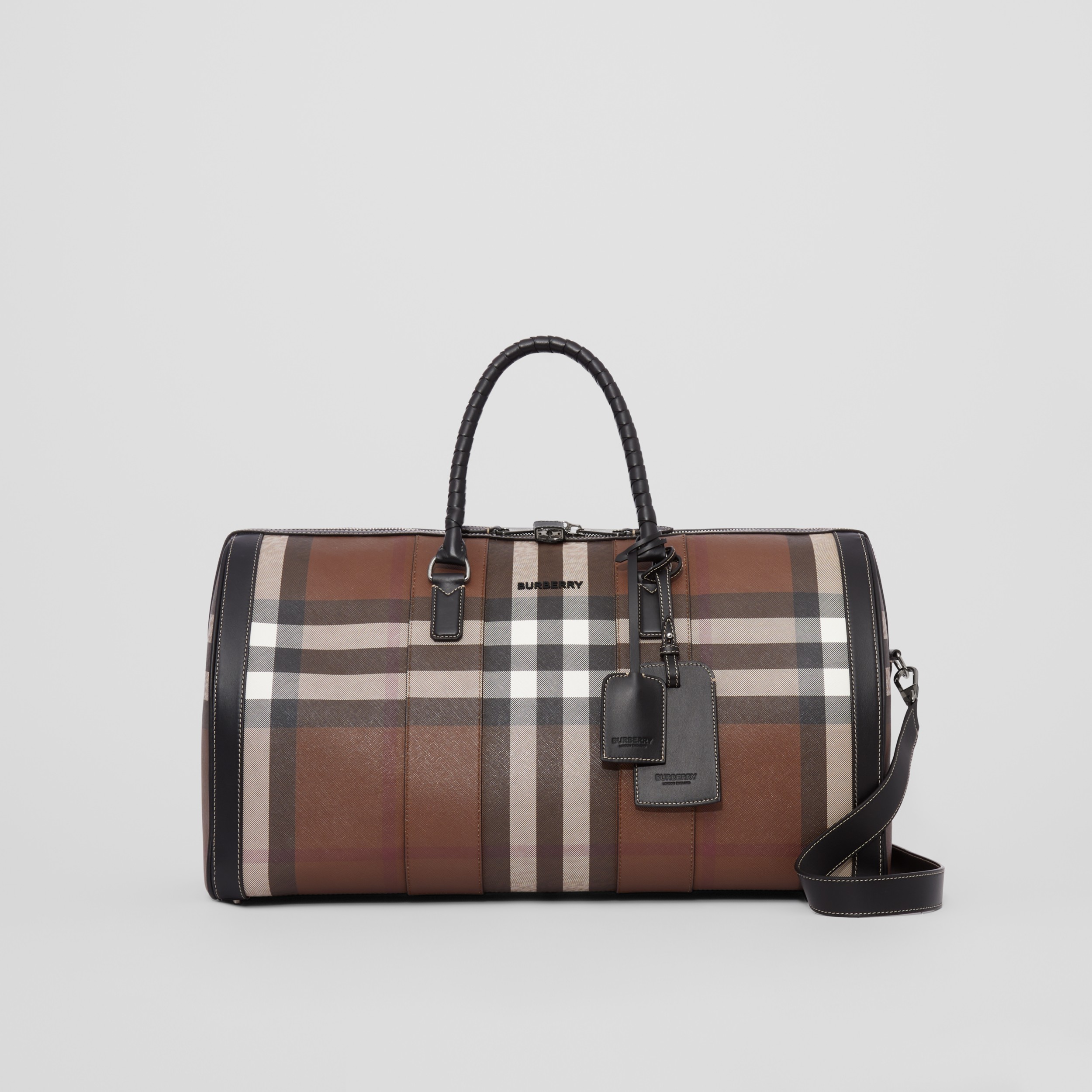 Logo Detail Check and Leather Holdall in Dark Birch Brown | Burberry ...