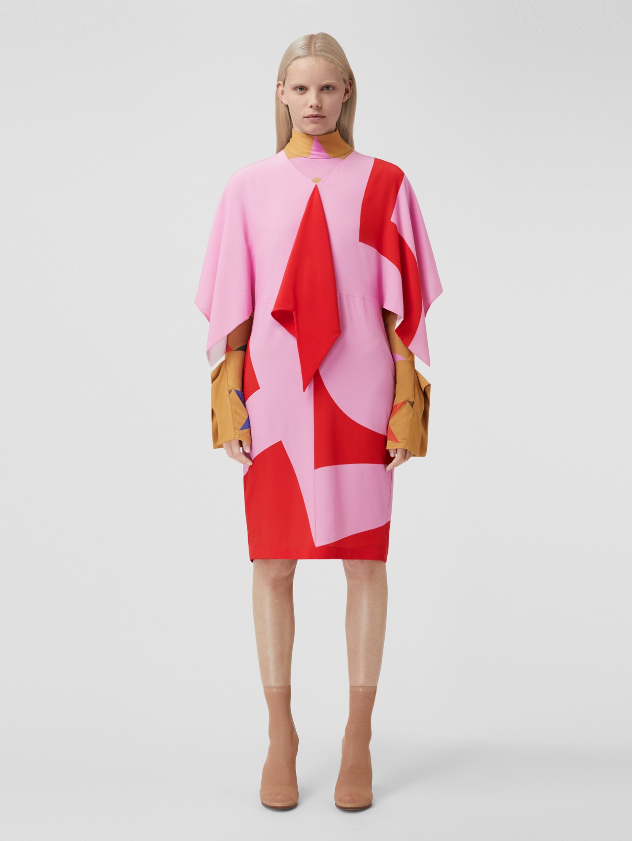 Cape Sleeve Geometric Print Silk Crepe de Chine Dress in Primrose Pink