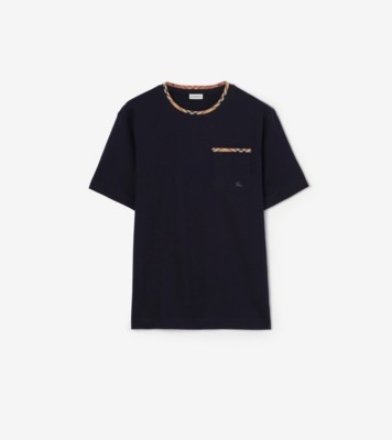 Check Trim Cotton T-shirt in Navy - Men | Burberry® Official