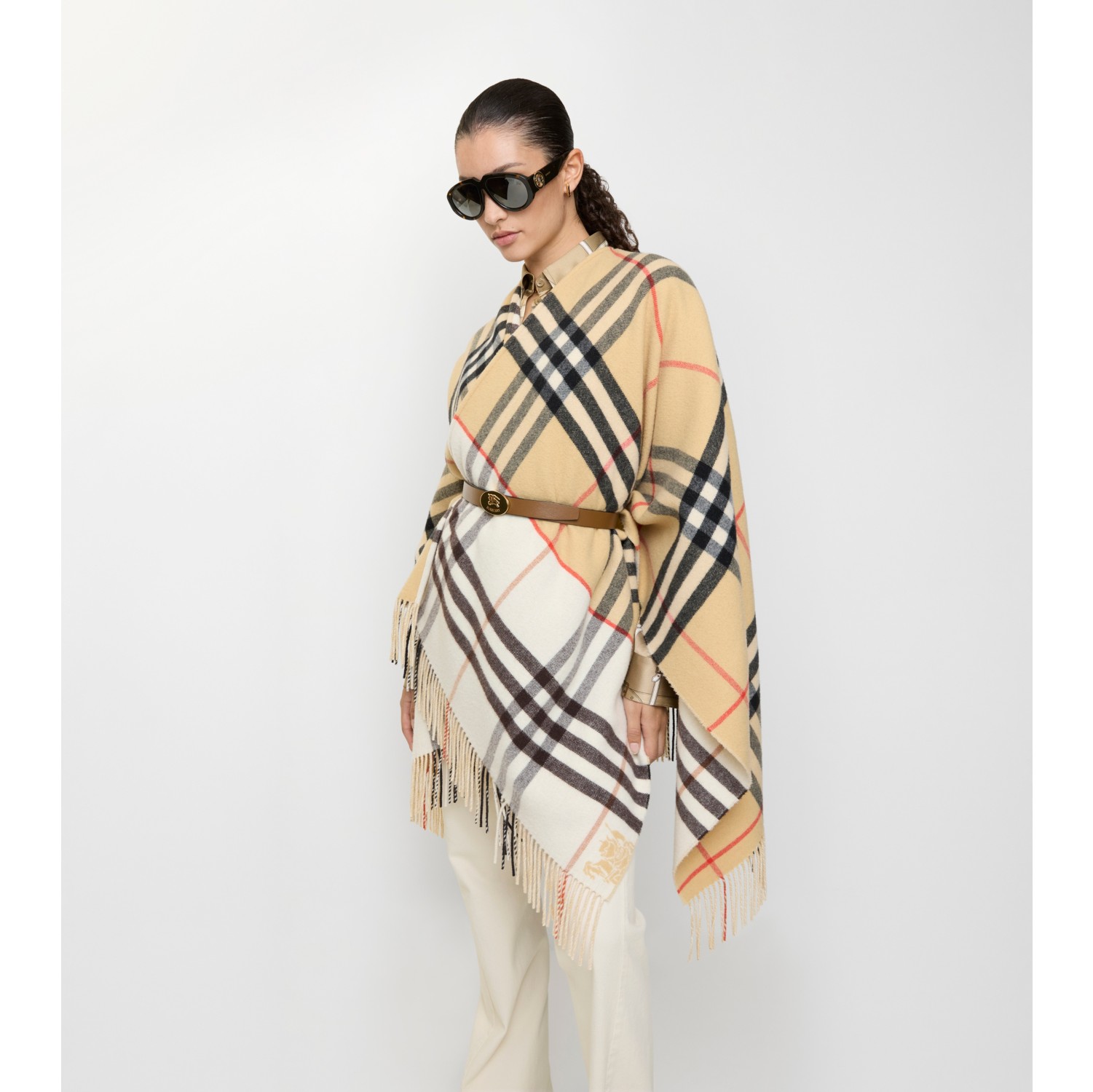 Contrast Check Cashmere Wool Cape