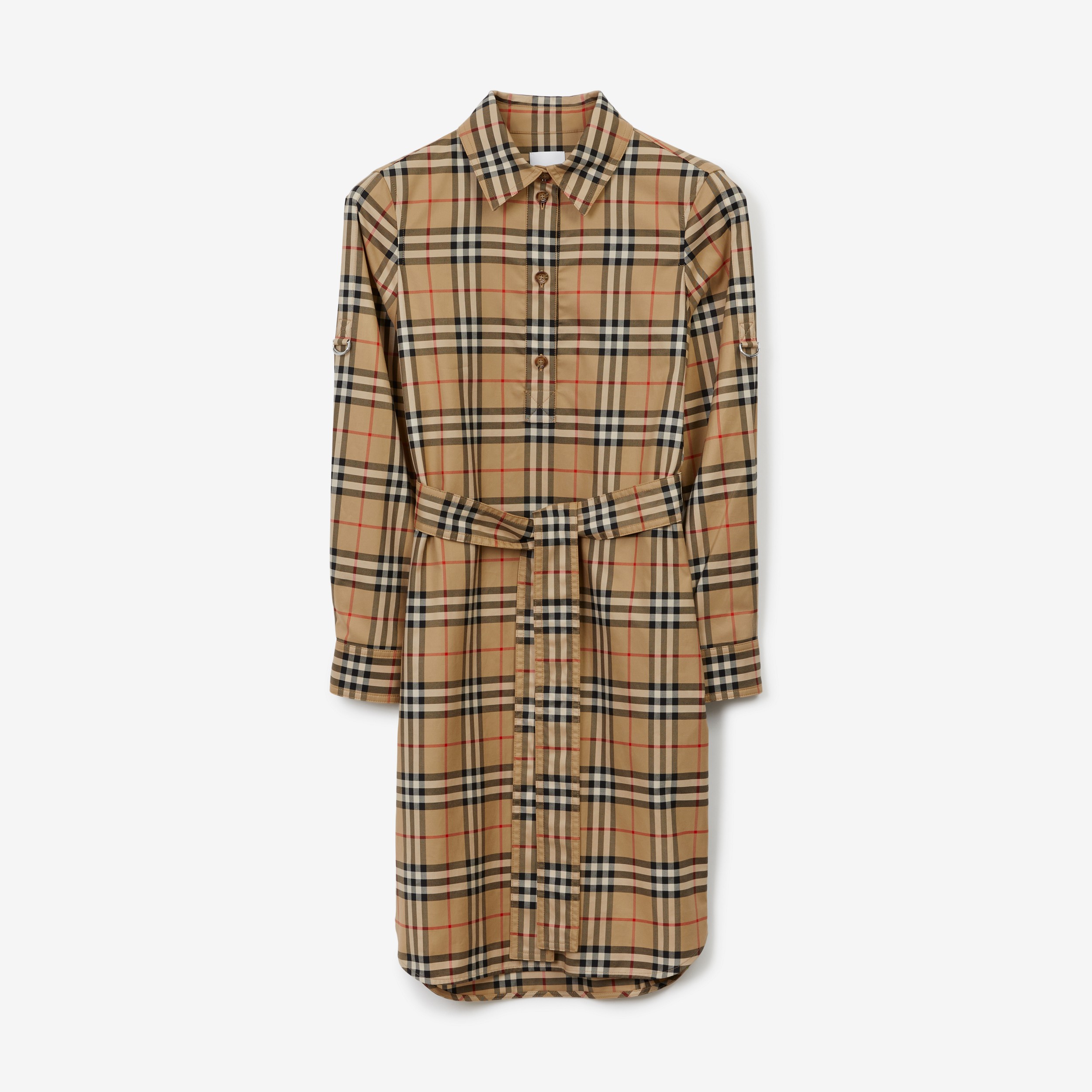 Vestido estilo camisa em algodão em Vintage Check com cinto de amarrar (Bege Clássico) - Mulheres | Burberry® oficial - 1