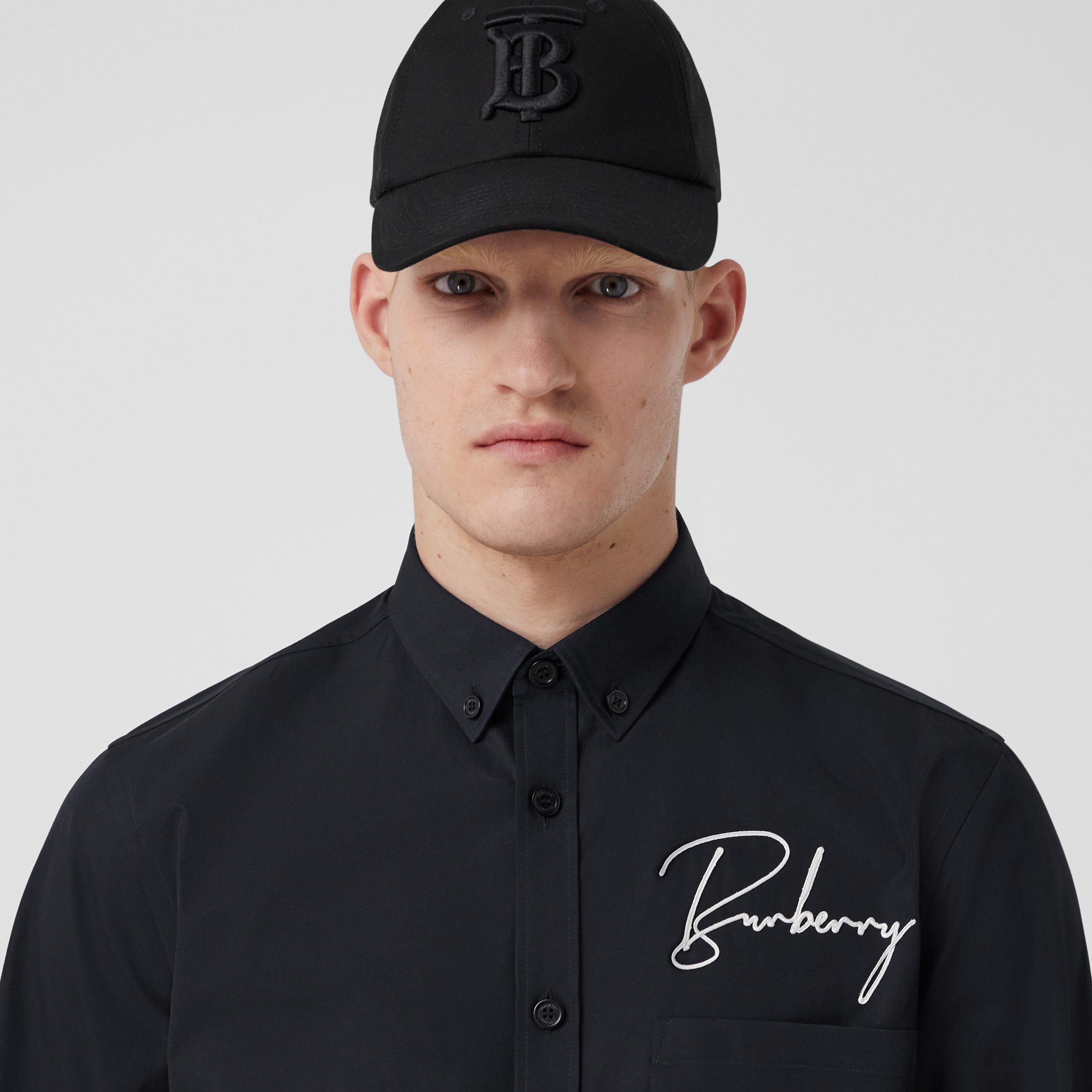 Embroidered Logo Cotton Shirt in Coal Blue - Men | Burberry® Official - 2
