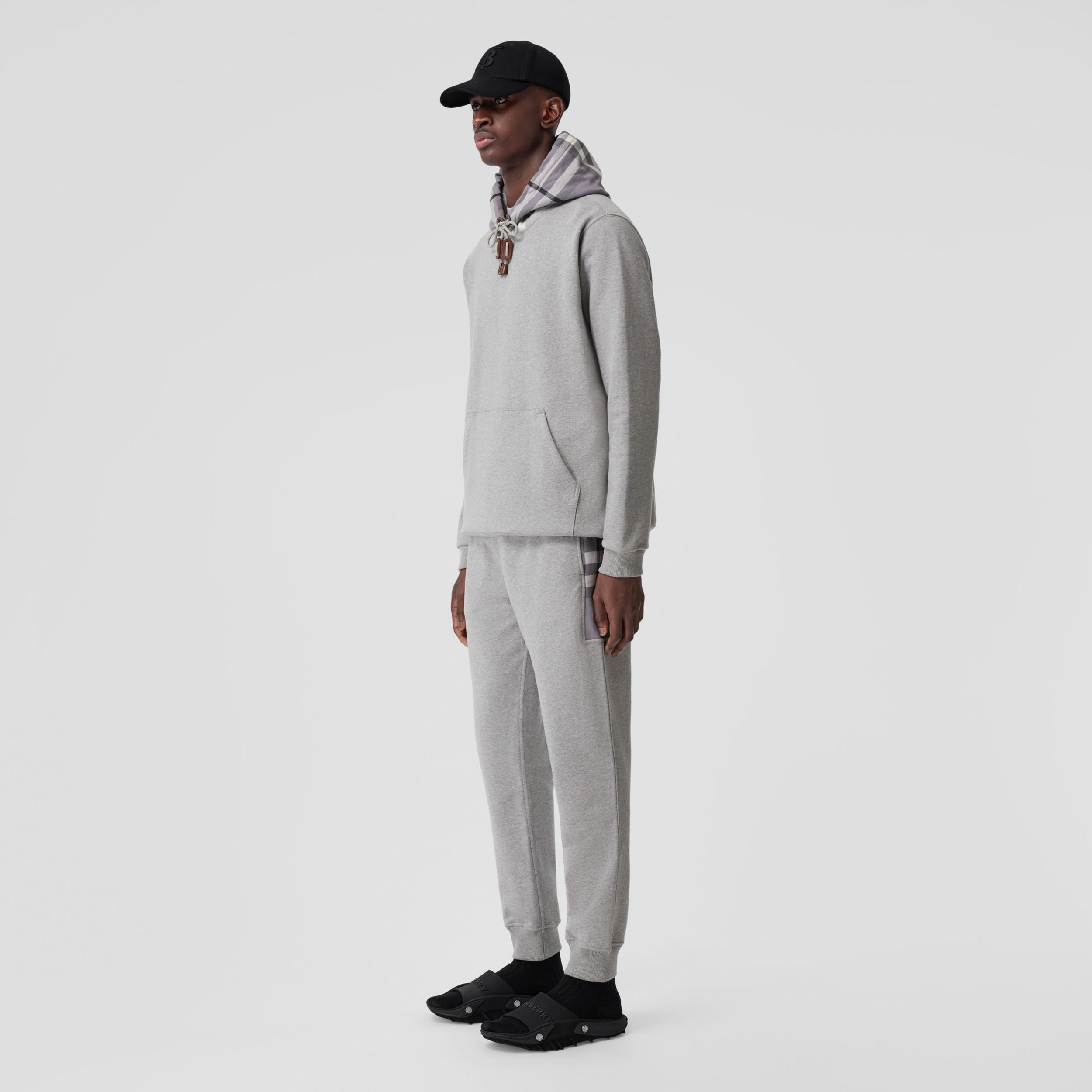 Check Panel Cotton Jogging Pants in Pale Grey Melange Men Burberry