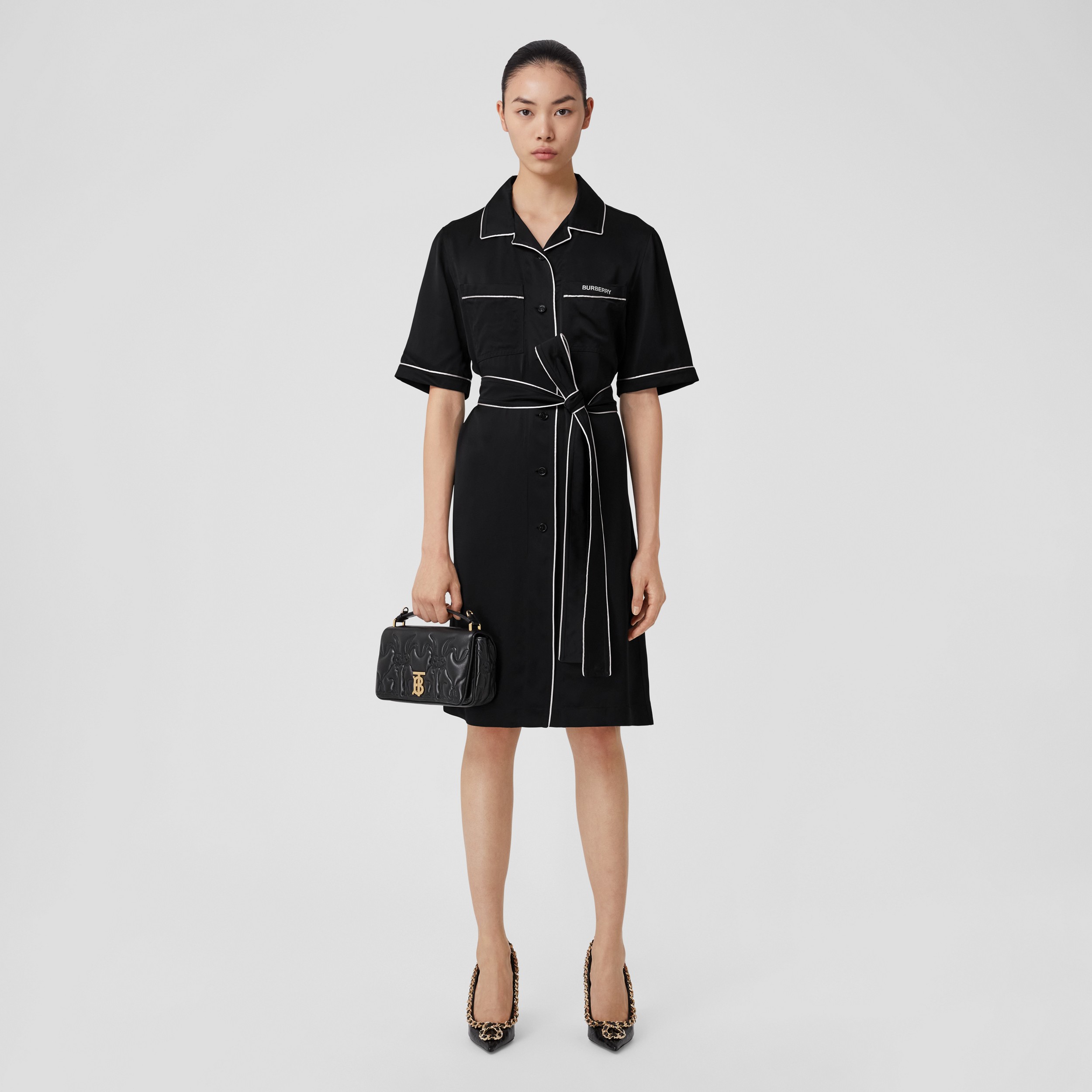 Embroidered Logo Silk Blend Shirt Dress in Black - Women | Burberry® Official - 4