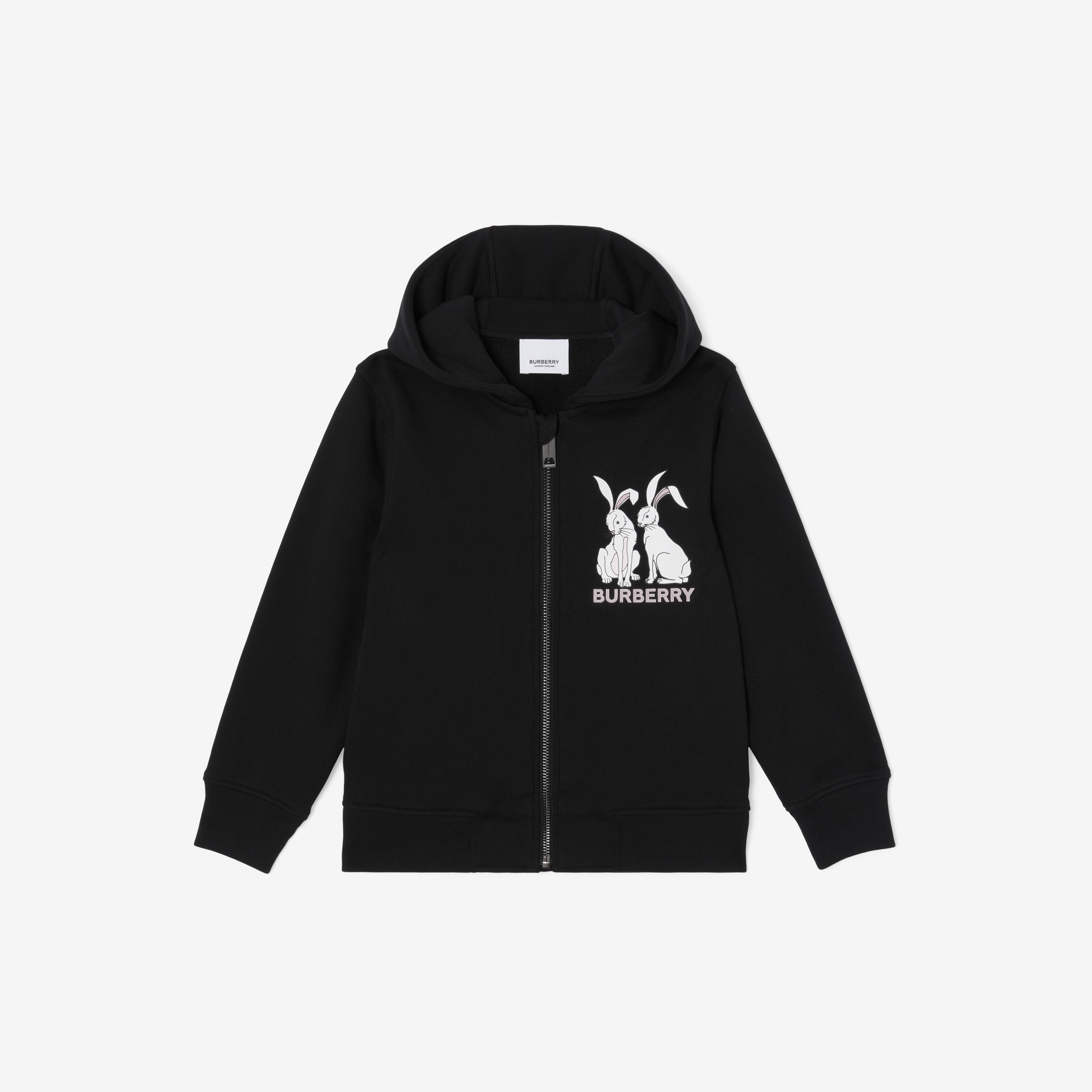Rabbit Print Cotton Zip Hoodie in Black | Burberry® Official - 1