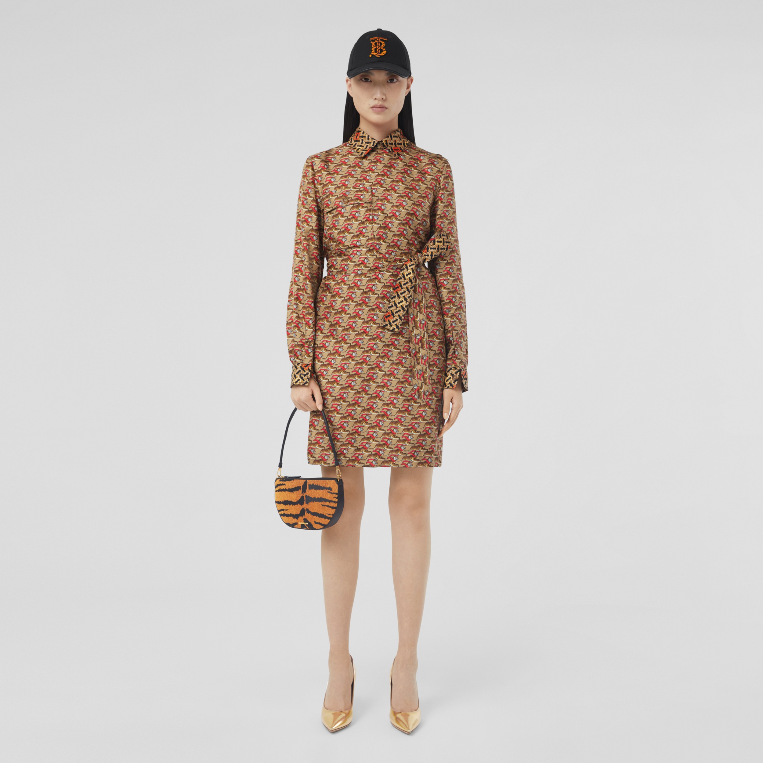 Tiger Graphic and Monogram Silk Shirt Dress in Honey Beige - Women | Burberry® Official - 1