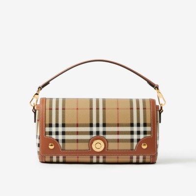 Burberry Check And Leather Top Handle Note Bag In Briar Brown