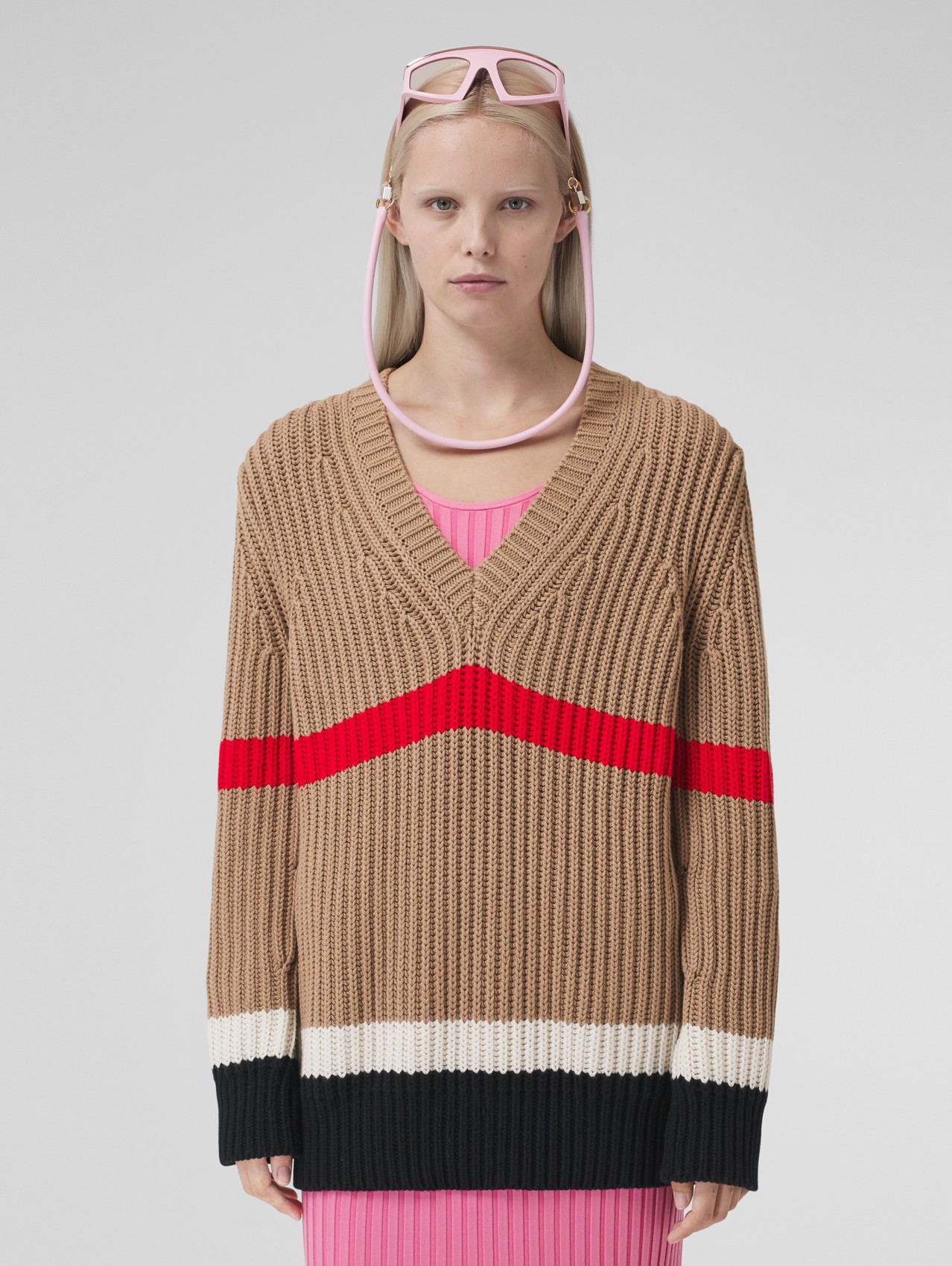 Striped Rib Knit Cashmere Cotton Oversized Sweater in Camel