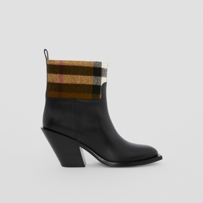 Shop Burberry Check Panel And Leather Ankle Boots In Black/dark Birch Brown