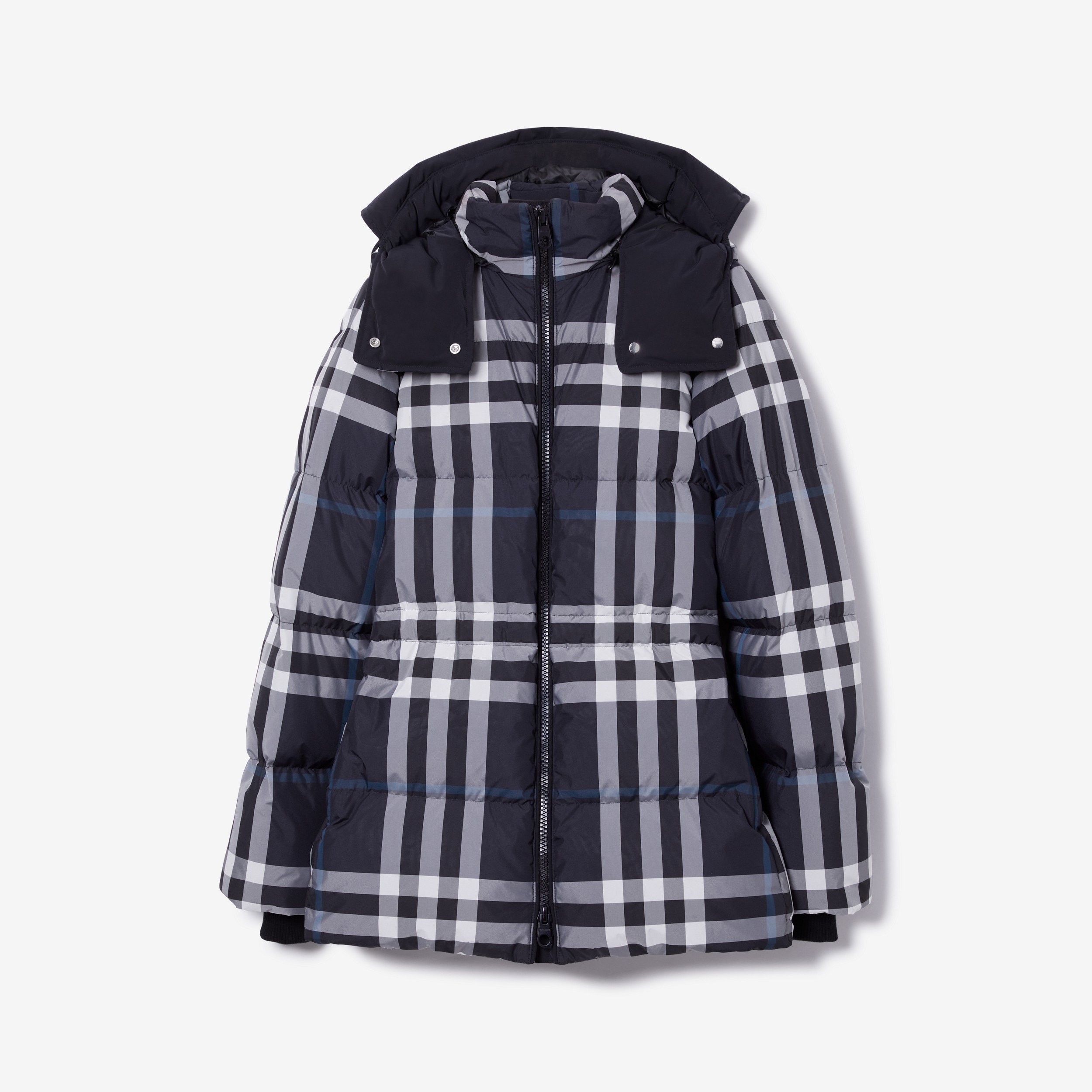 Detachable Hood Night Check Puffer Jacket in Dark Charcoal Blue/white - Women | Burberry® Official - 1
