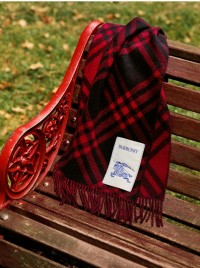 Photo d'une écharpe Burberry Check rouge sur un banc