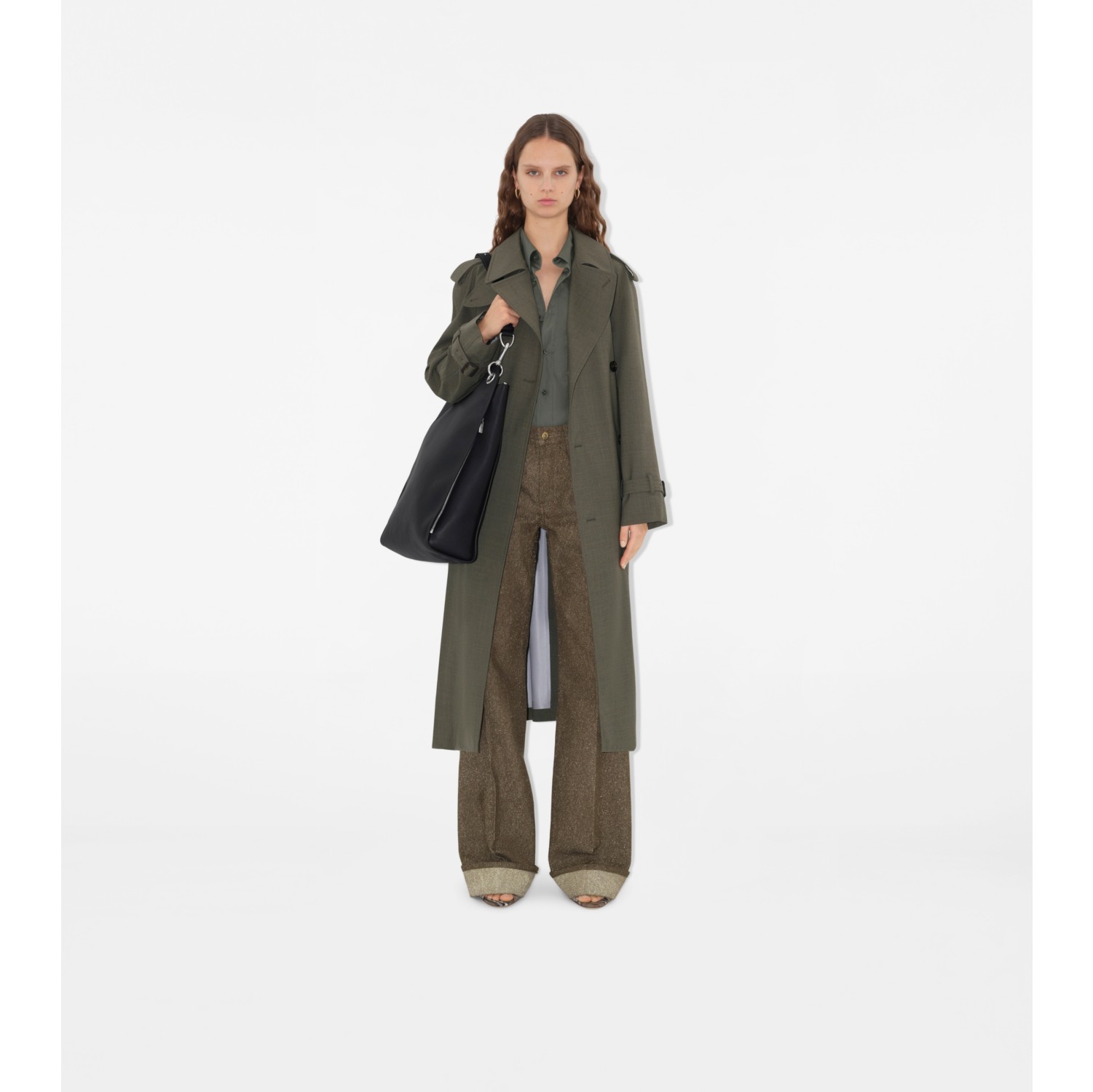 Trench coat longo de lã stretch