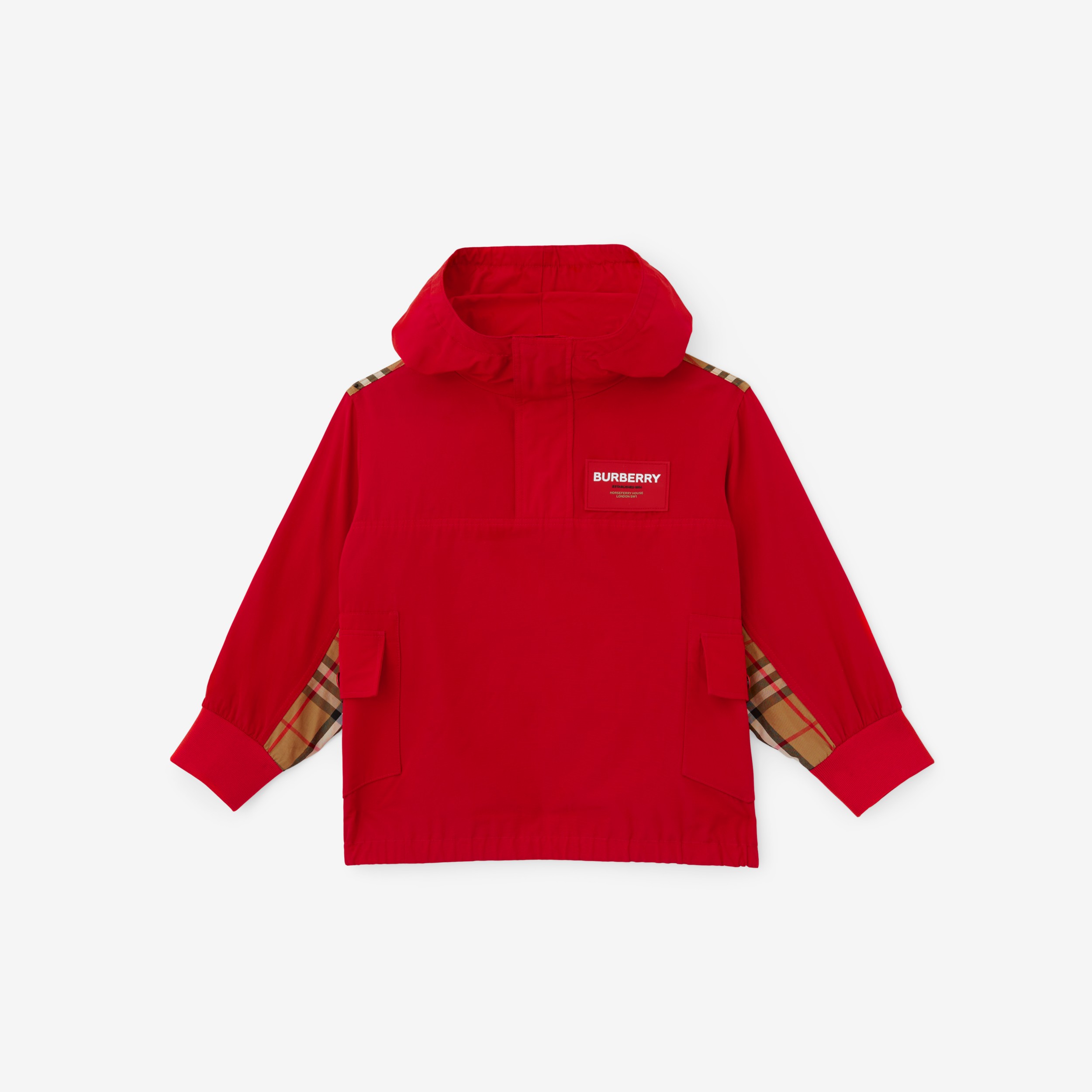 Check Panel Cotton Blend Hooded Jacket in Bright Red | Burberry