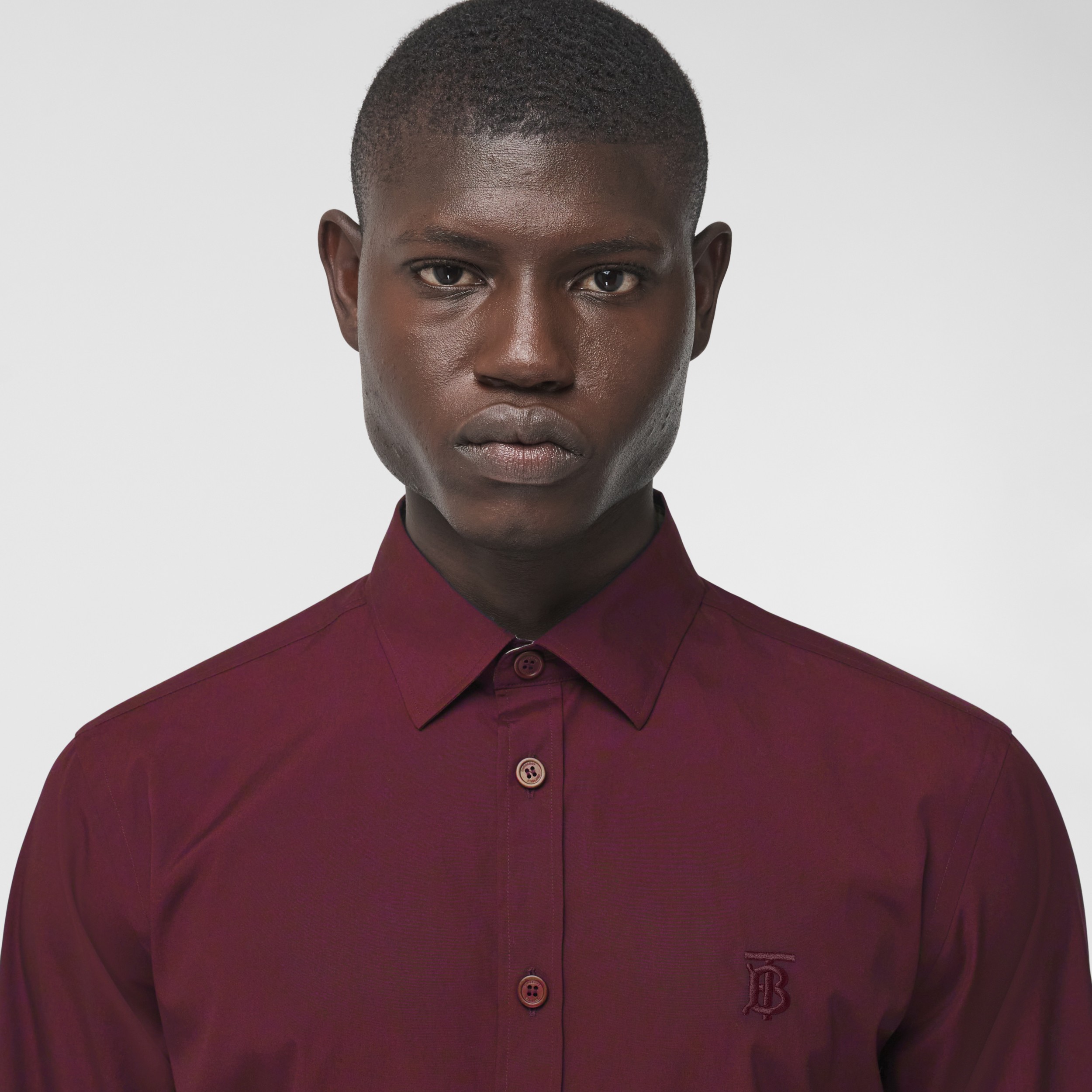 Slim Fit Monogram Motif Stretch Cotton Poplin Shirt in Deep Maroon ...